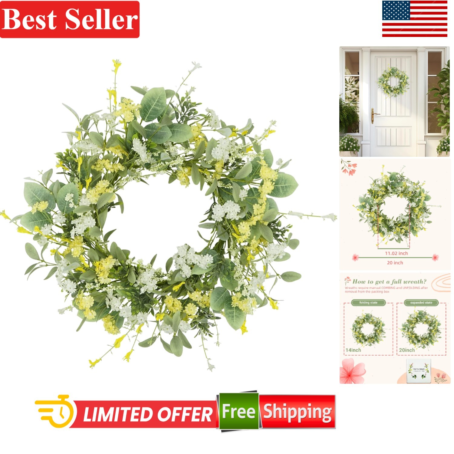 Spring Summer Wreath for Front Door 20 Inch Artificial Floral Daisy Eucalyptu…