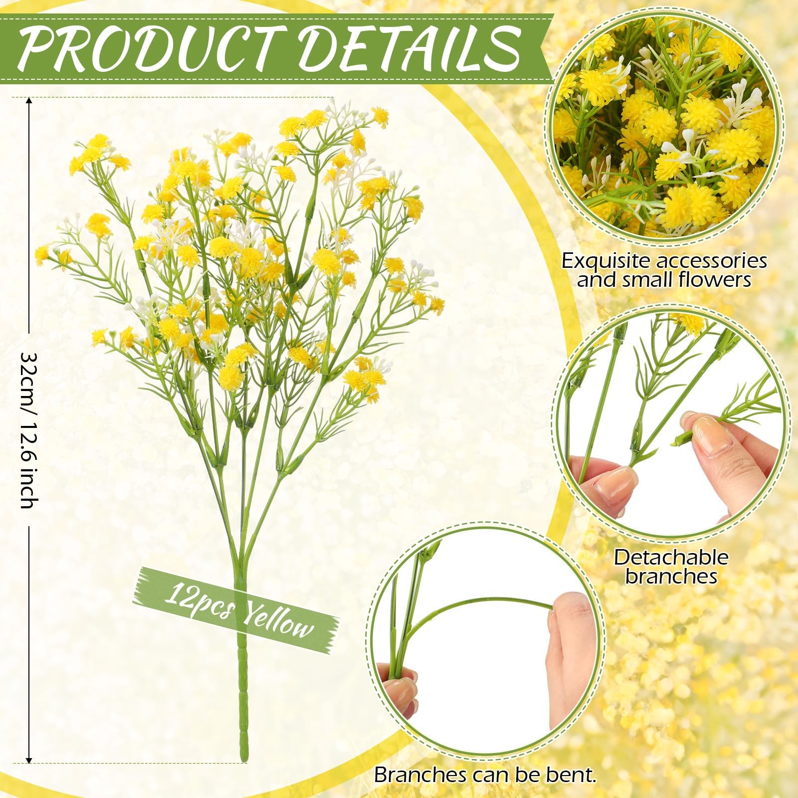 12 PCS Spring Babys Breath Flowers Artificial Gypsophila Bouquet Yellow Decor