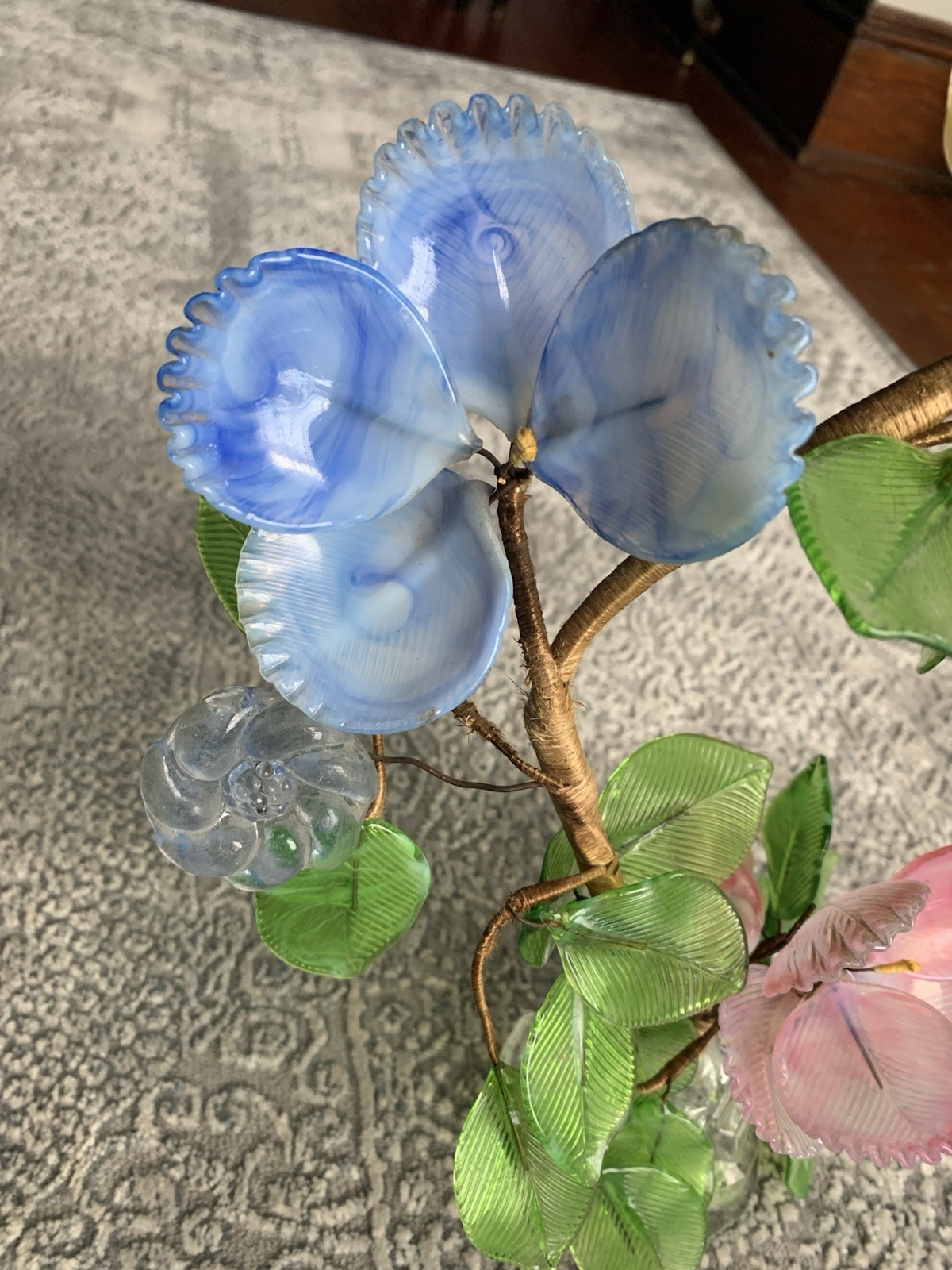 Vintage Art Glass Wired Blue Yellow Green Floral Bouquet Adjustable RARE