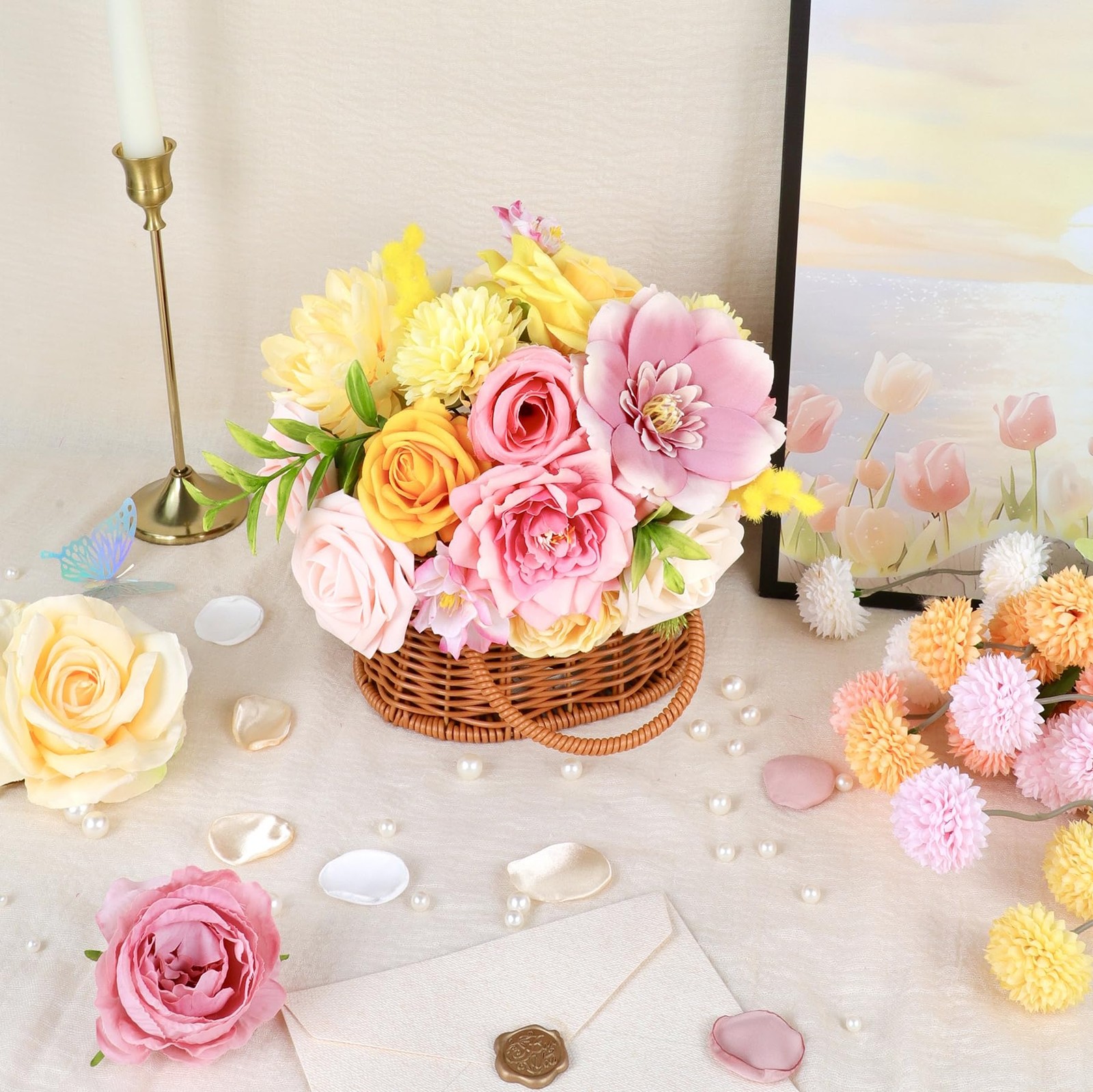 Pink Yellow Artificial Rose Silk Flowers Centerpieces Bridal Bouquet Baby Shower