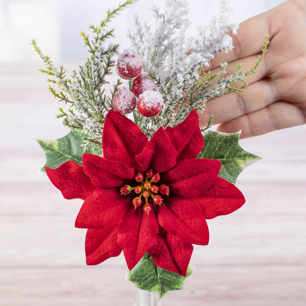 Set of 8 Artificial Snowy Poinsettia and Holly Christmas 10-1/2″ Floral Picks