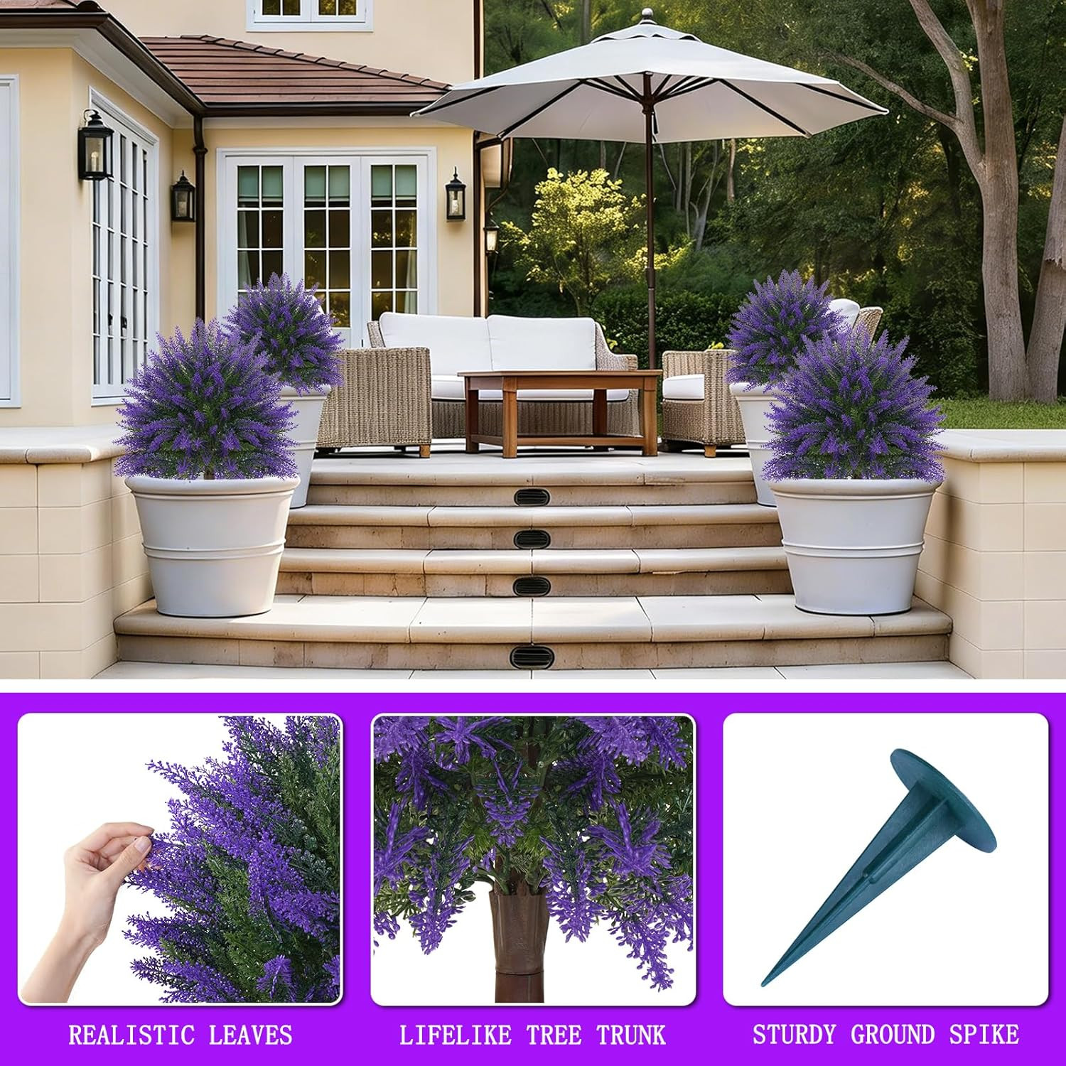 24″ UV Resistant Faux Lavender Topiary Bushes – Set of 2 for Indoor/Outdoor Deco