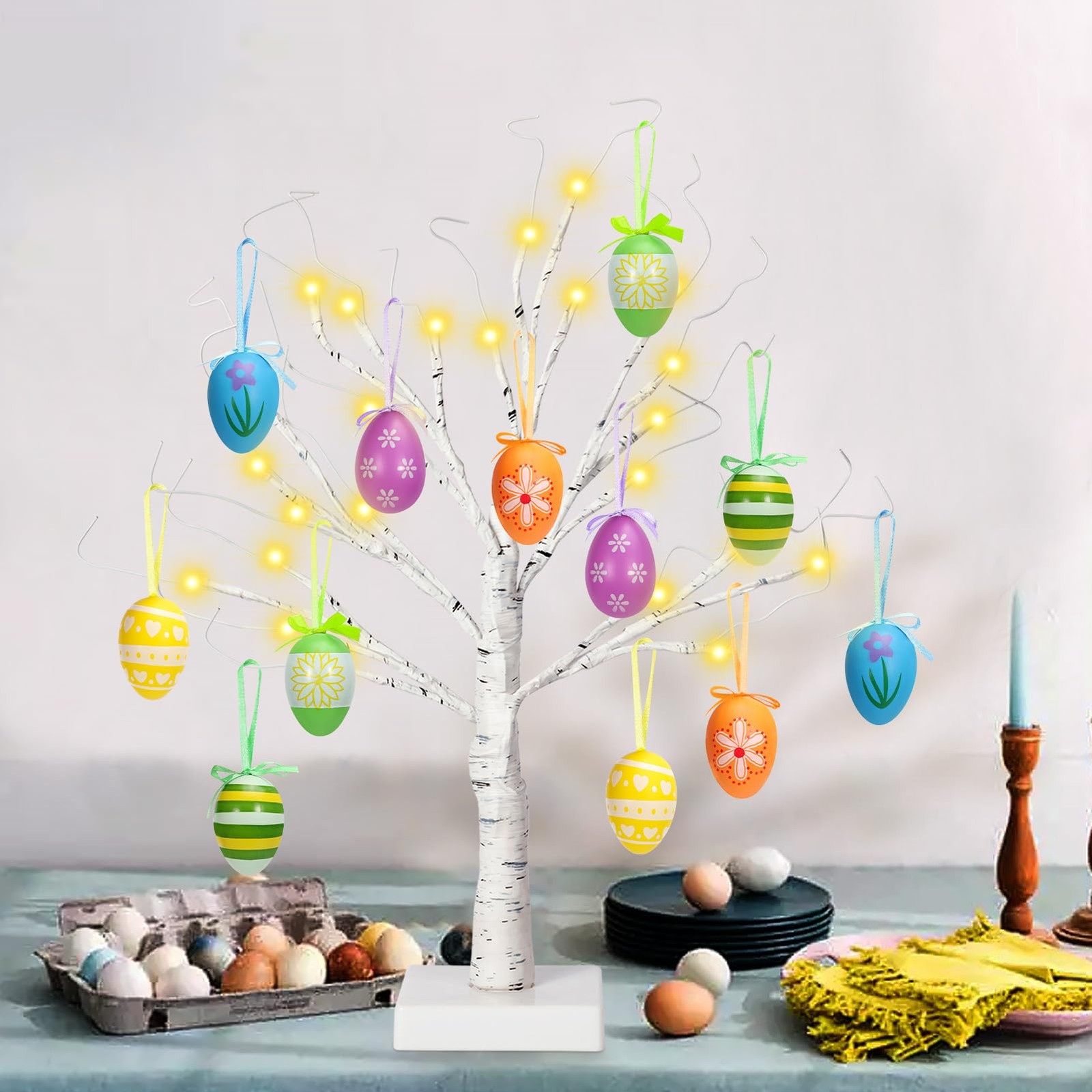 24″ Easter Lighted Birch Tree with 12pcs Ornaments, Warm White LEDs