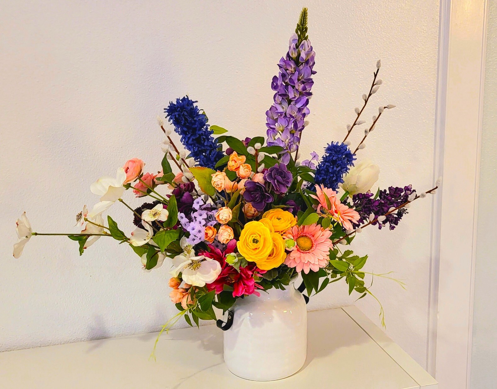 “Wildflower Meadow” Colorful Faux Floral Arrangement w/ Large Southern Magnolia