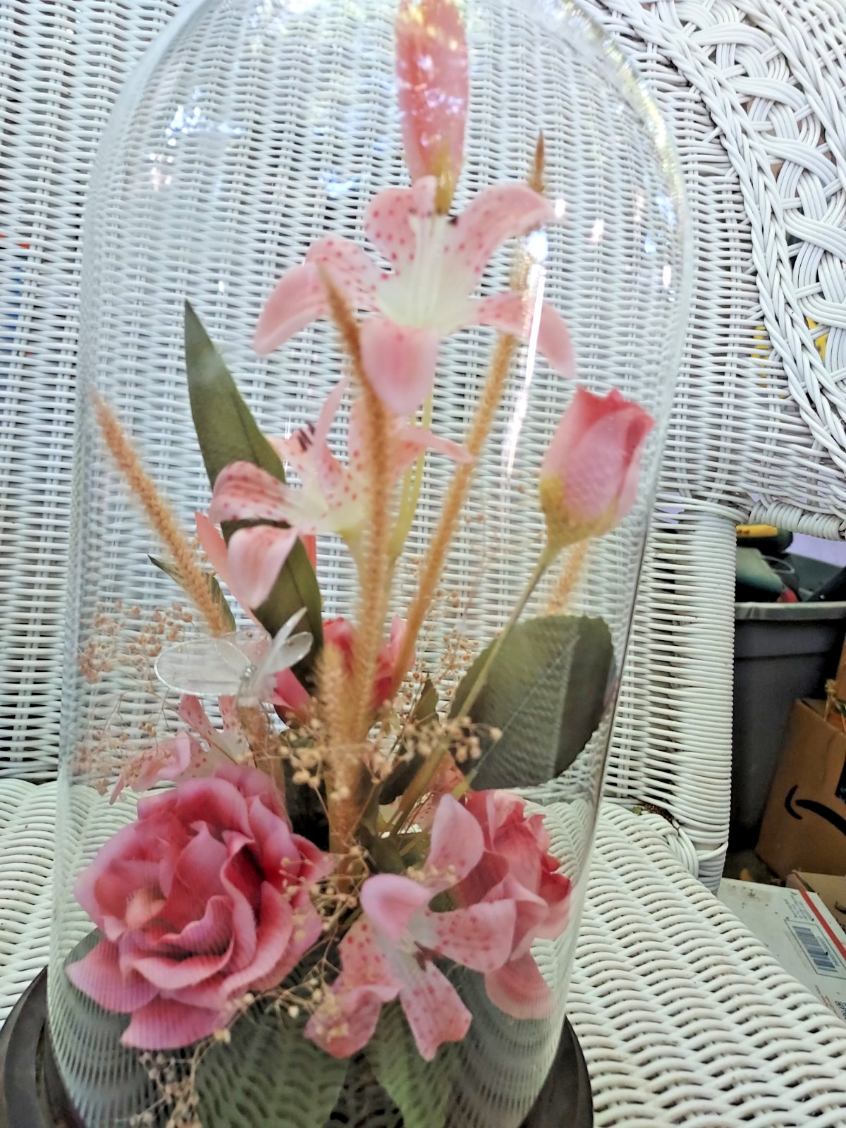 12″ Vintage Real Dried Flower Cloche Glass Dome Pink Silk Roses Lilies Butterfly