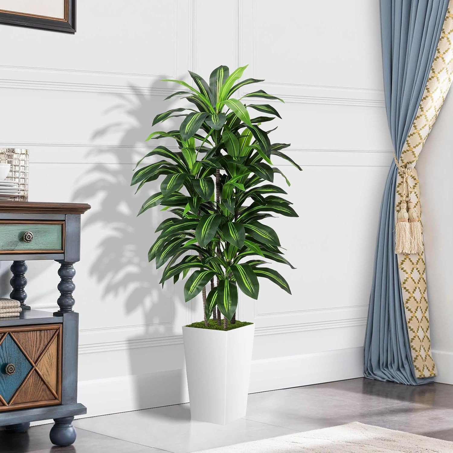 Artificial Dracaena Plant Indoor 5FT – Fake Tree with White Tall Planter – Faux