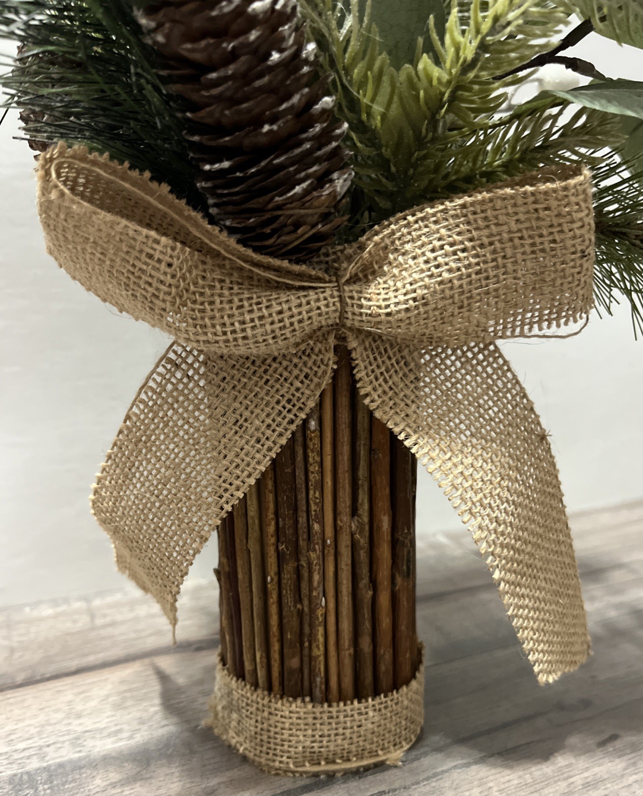 2 – 12” Rustic Greenery Arrangements Pine Cones Burlap Wood Base Country Cabin