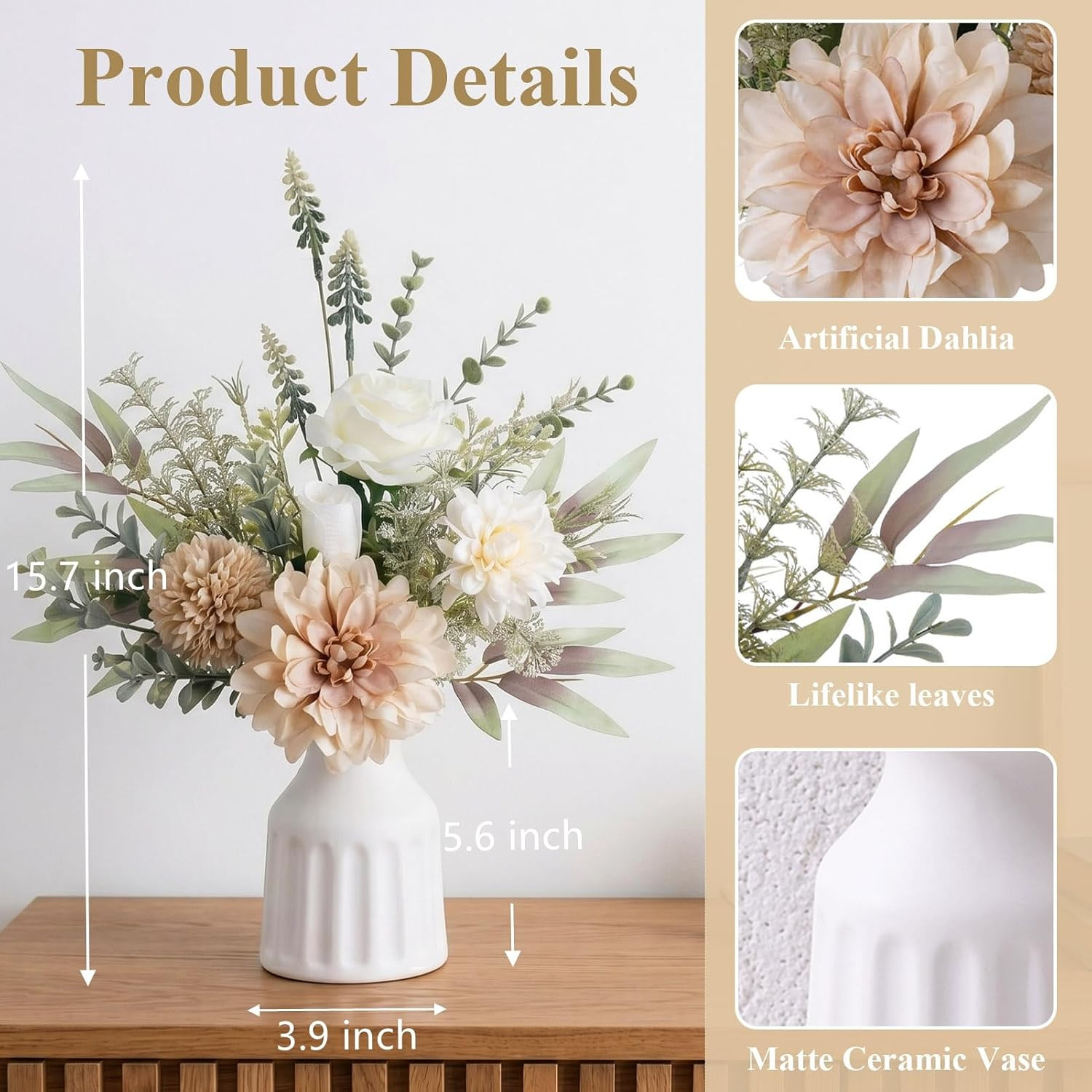 Fake Flowers in Vase, Artificial Flowers with Vase, 15.7” Floral Arrangements f