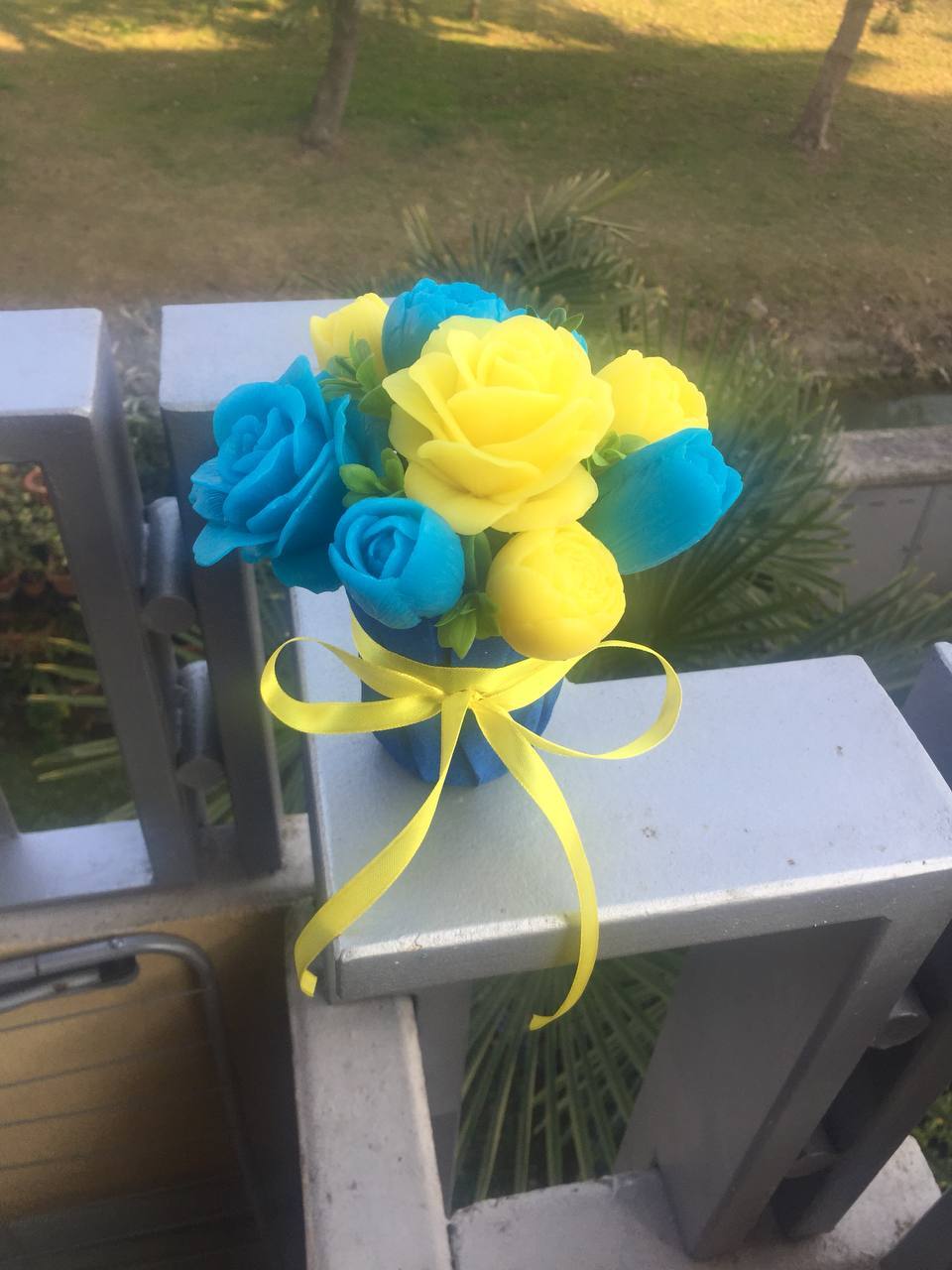 Handmade soap bouquet for decoration or present in colors of Ukraine gift