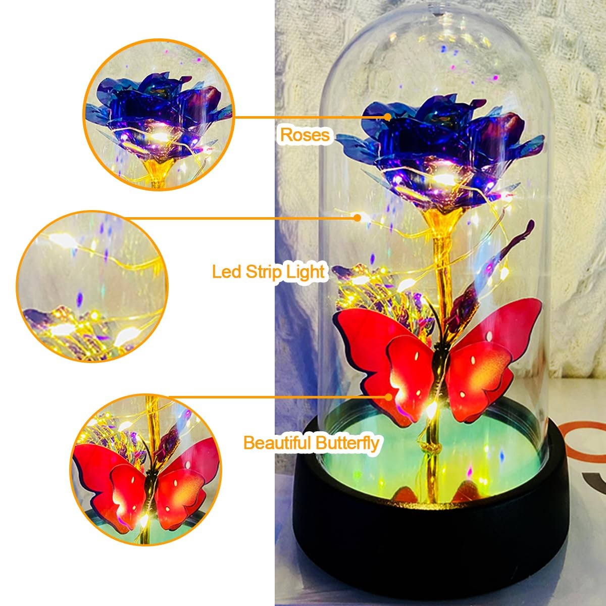 Light Up Forever Eternal Rose Flower in Glass Dome for Birthday Mother’s Day