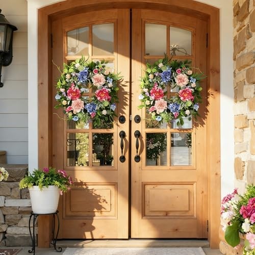 24 Inch Spring Wreaths for Front Door, Artificial Front Door Wreath Hydrangea