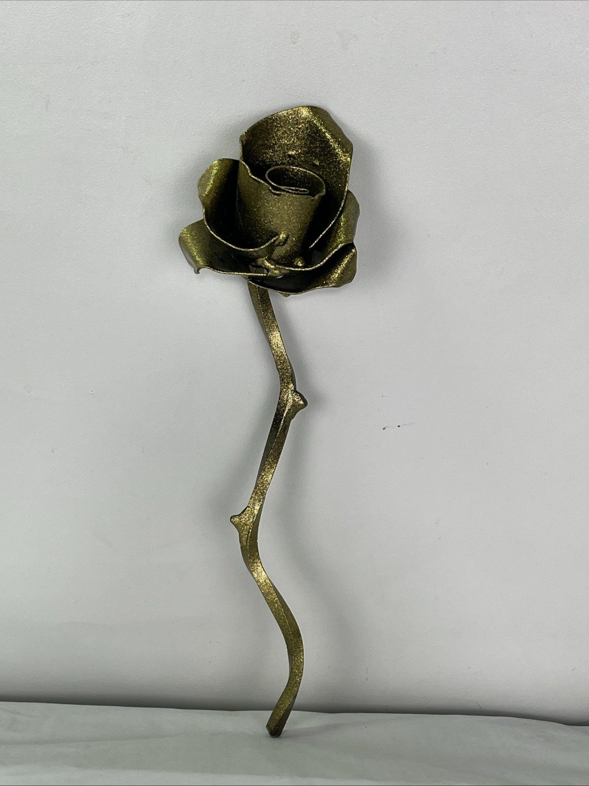 Hand Forged Rustic Metal Rose w/ Thorns Sculpture Gold Sparkles