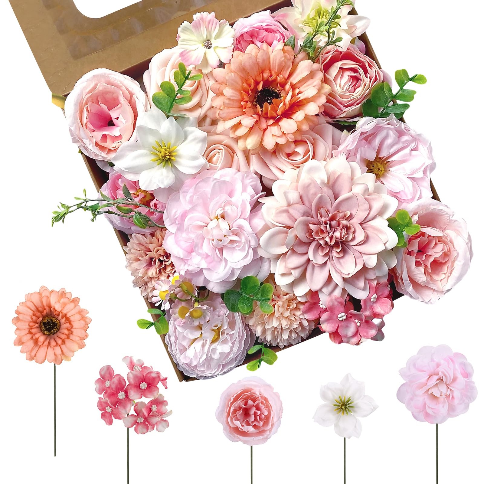 Pink, Dusty Pink, White Artificial Flowers Combo Box Fake Silk Roses with Ste…