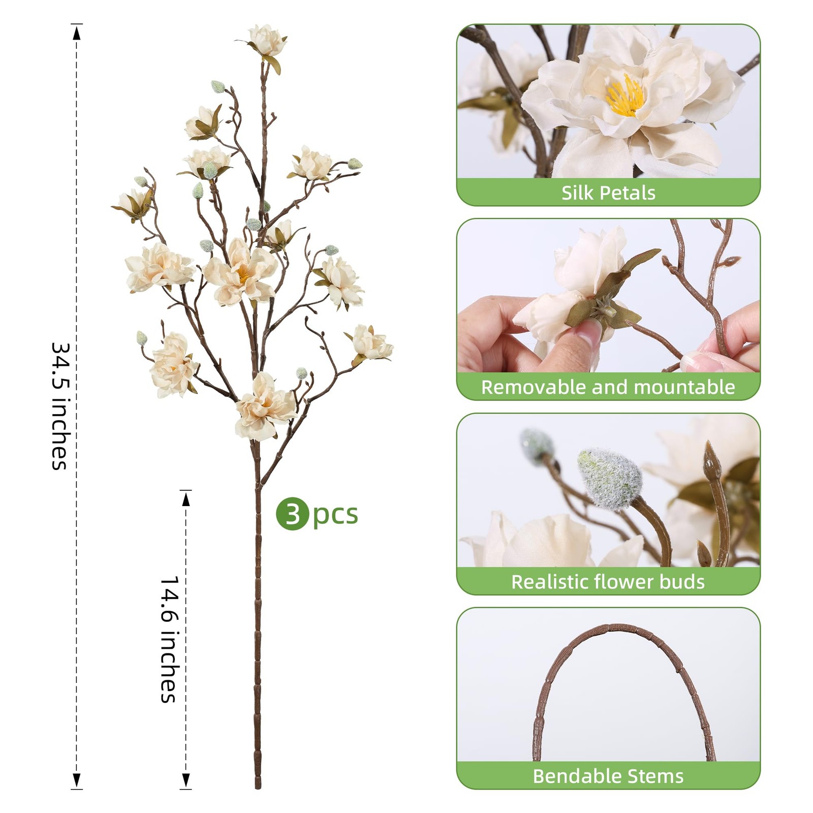 HyeFlora 3PCS Artificial Magnolia Flowers Stems for Spring Decoration, Faux C…