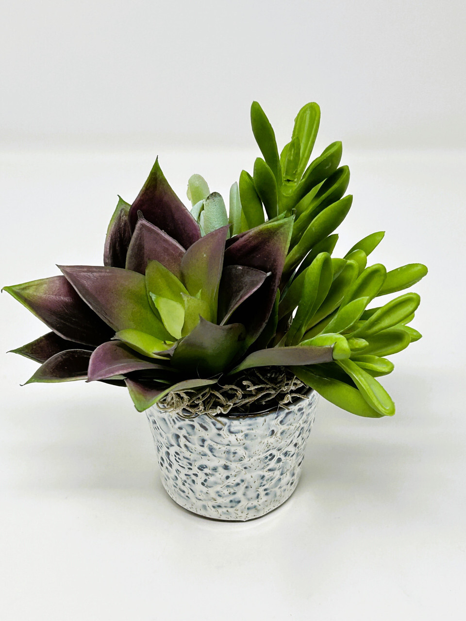 Mini 6″ Artificial Purple & Green mixed Succulent Garden #13, Blue Stone Ceramic