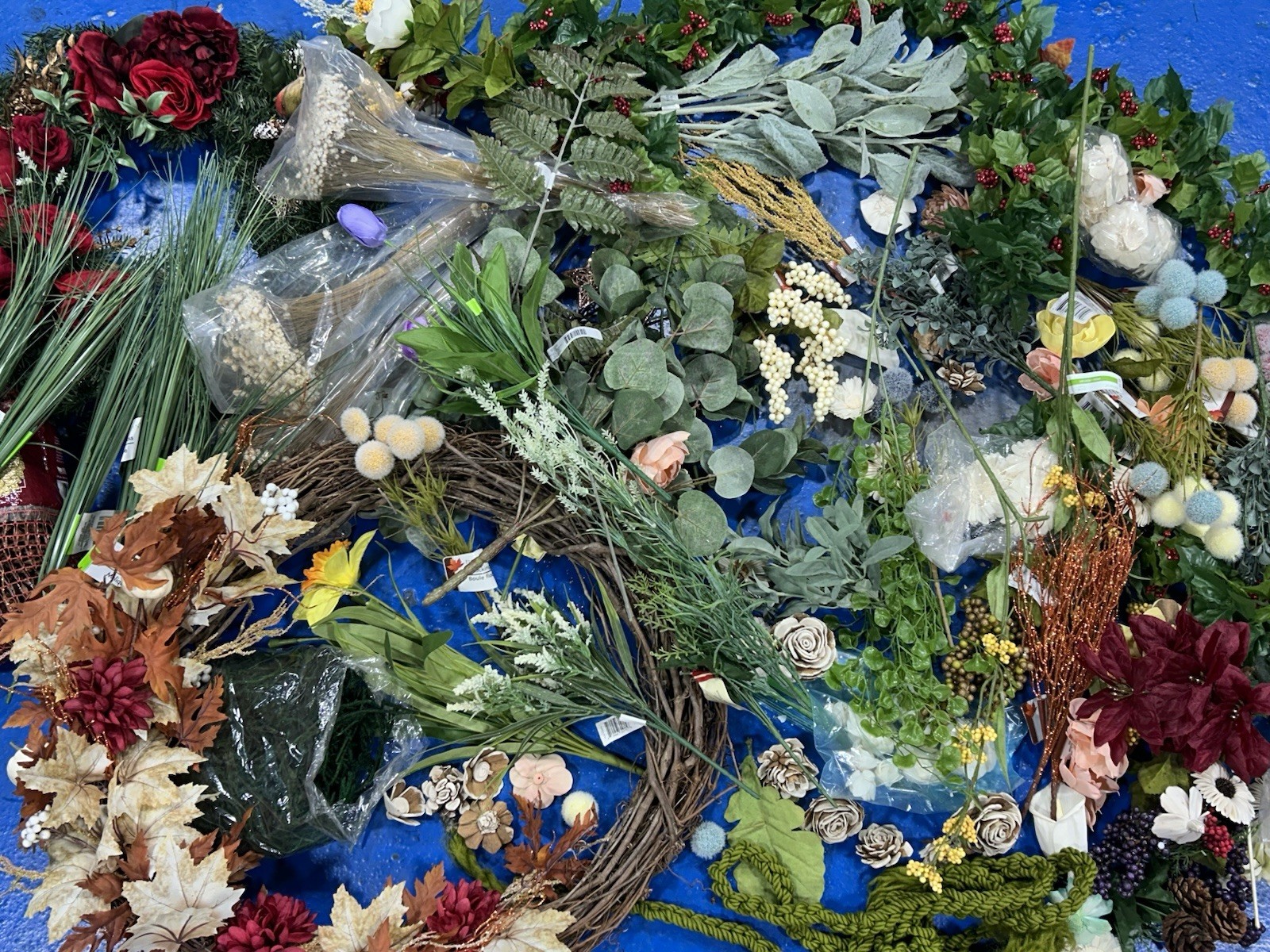 Large Mixed Lot of Artificial Flowers, Greenery, Wreath Bases & Craft Floral