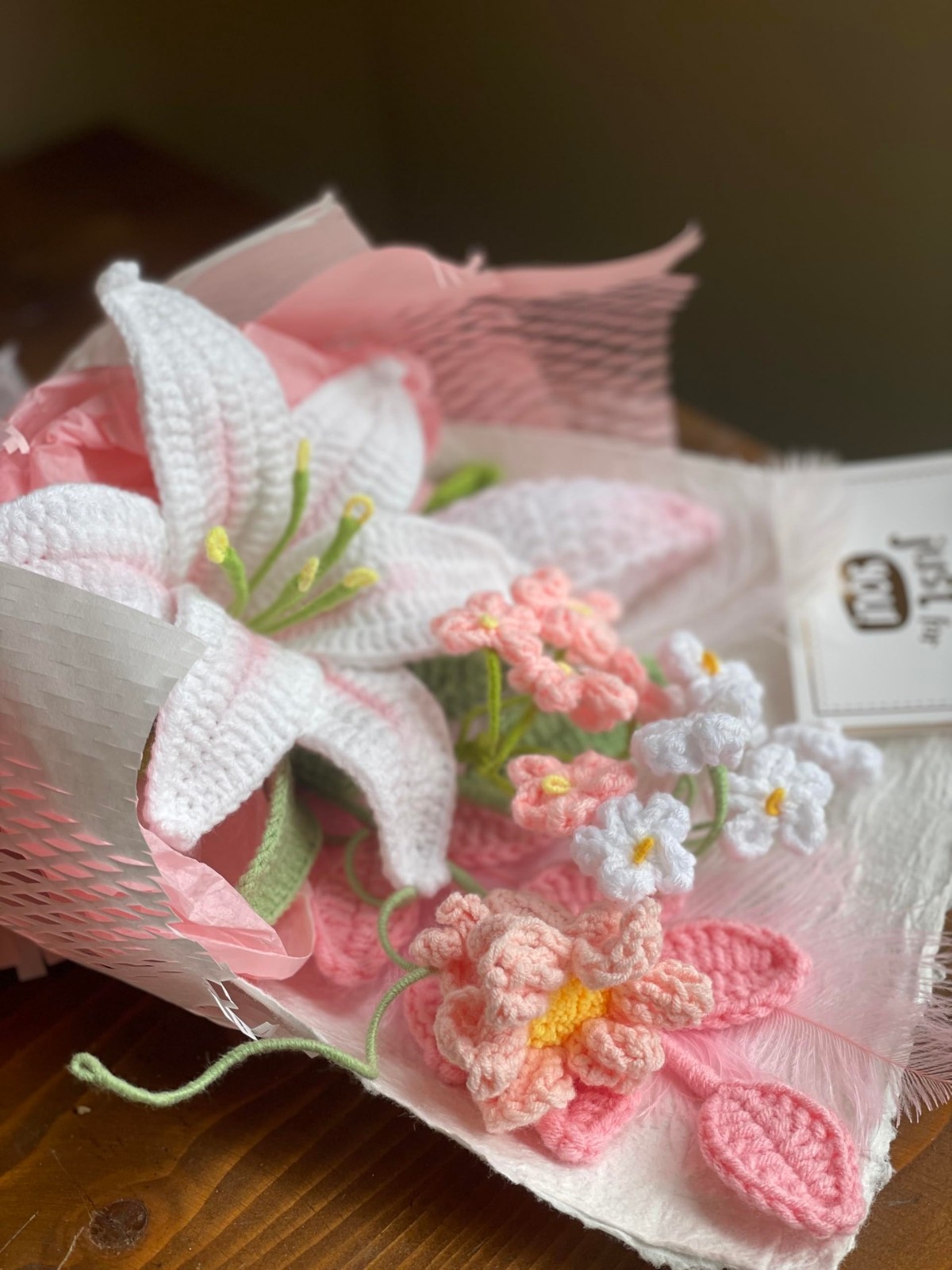 Luxury White Pink Lily Crochet Flowers Bouquet | Handmade Floral Decor Gift for