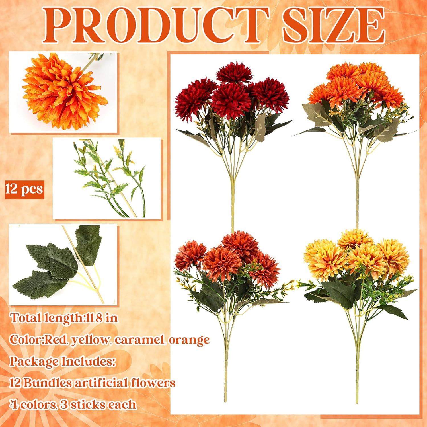 12 Pcs Fall Artificial Flowers for Outdoor Faux Mums Burnt Orange Flowers Assort