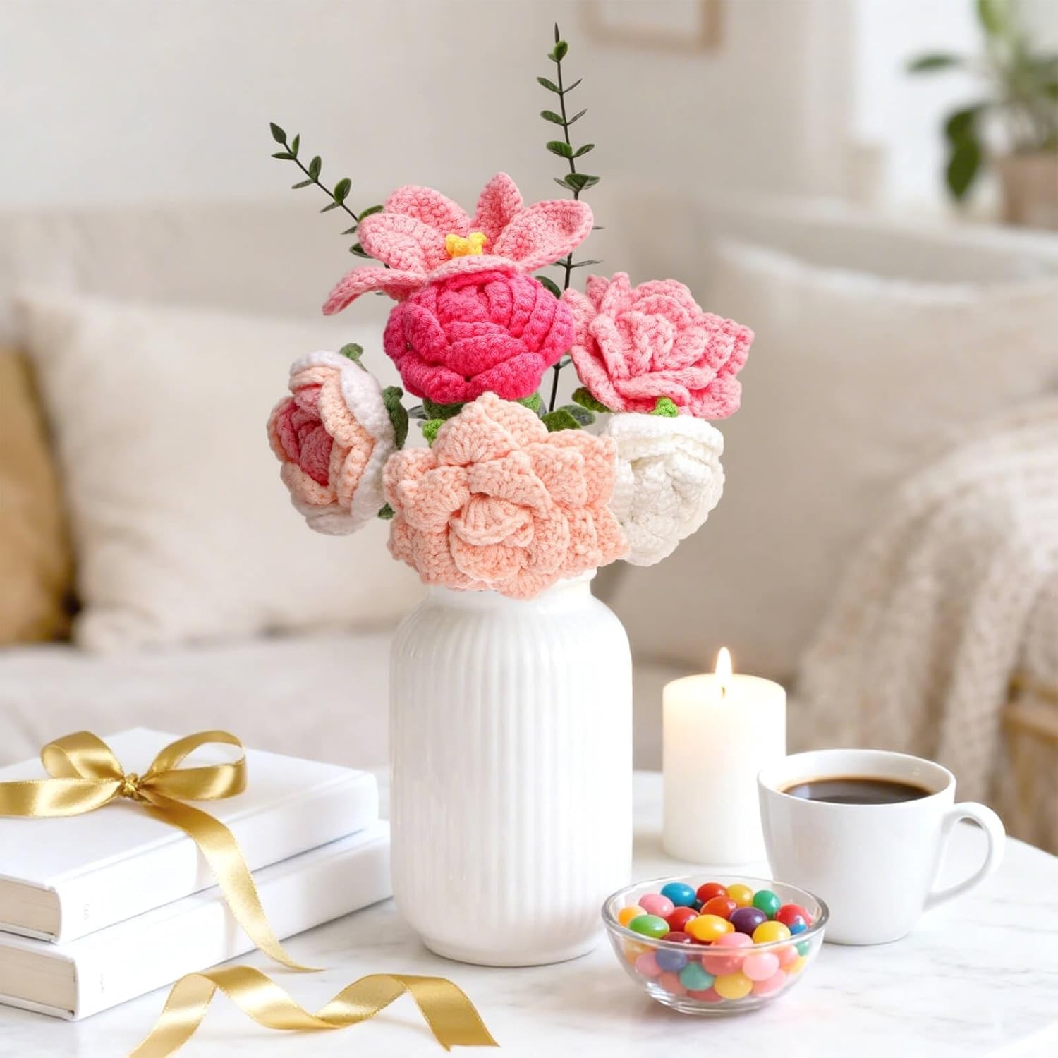 Youeon Pink Crochet Flower Bouquet, Handmade Knitted Yarn Rose Flowers with Gift