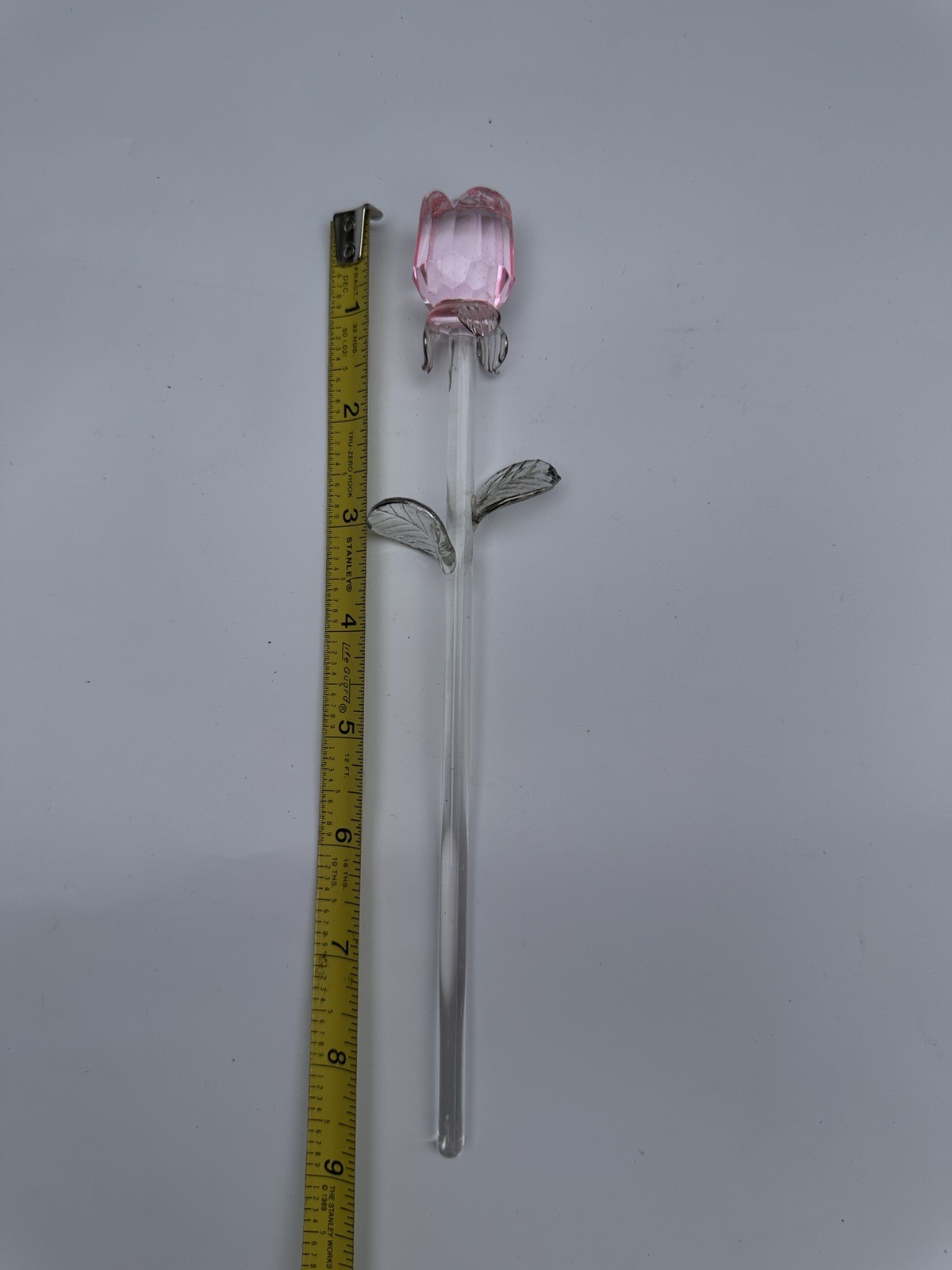 9” Pink Crystal Glass Rose Figurine Closed Bud Long Stem Flower Sculpture