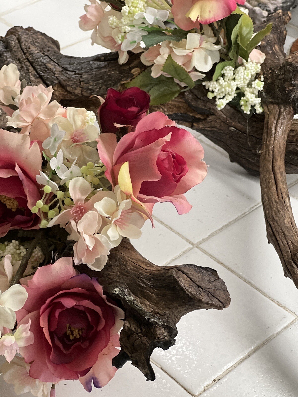 ORIGINAL FLORAL DESIGN WOOD BASE, ROSES, PEACH BLOSSOMS MOSSES BABY BREATH