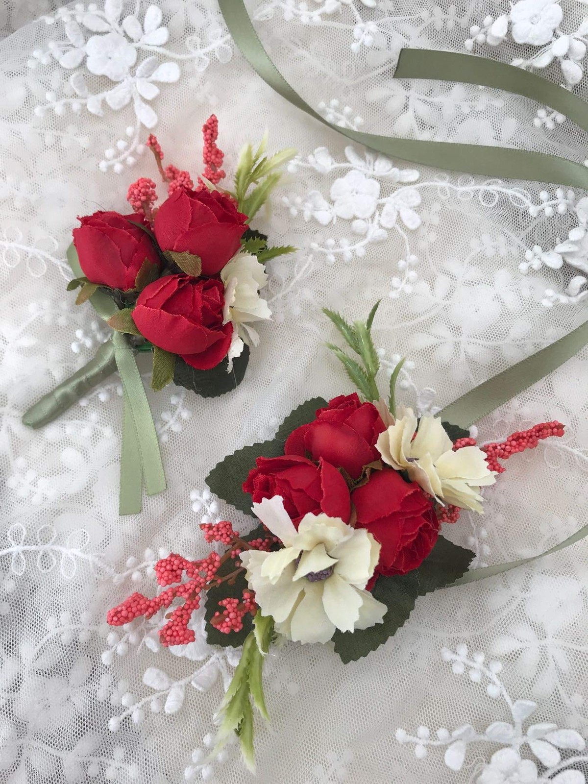 Rose Wedding Wrist Corsage and Boutonniere Set Red Hand Ribbon Suit Decor