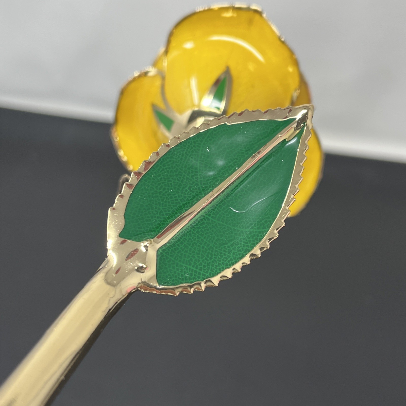 Handcrafted Preserved Yellow Rose Gloss Laquered With 24K Gold Plated Trimmed