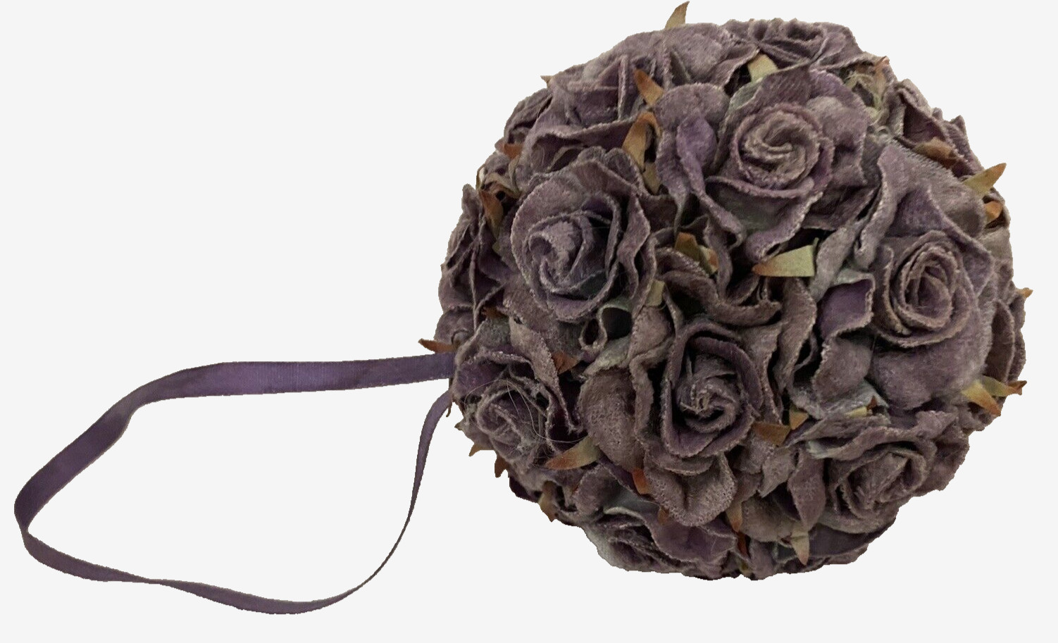 3 Purple Roses Balls w Ribbon hangers approx. 4.5″ diameter Velvet roses MINT