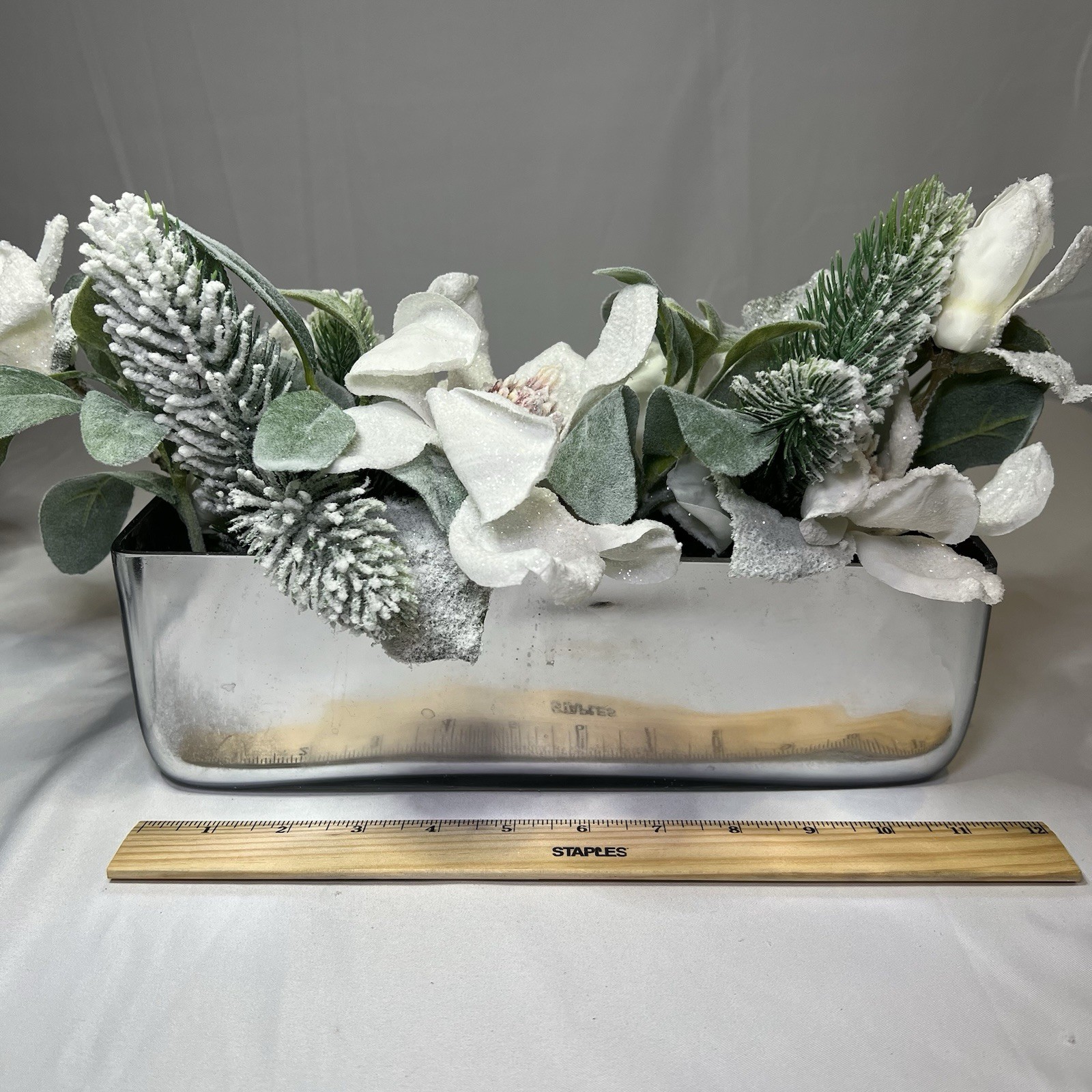 Christmas Magnolia Table Centerpiece Silver Planter Frosted Foliage $75 Winter