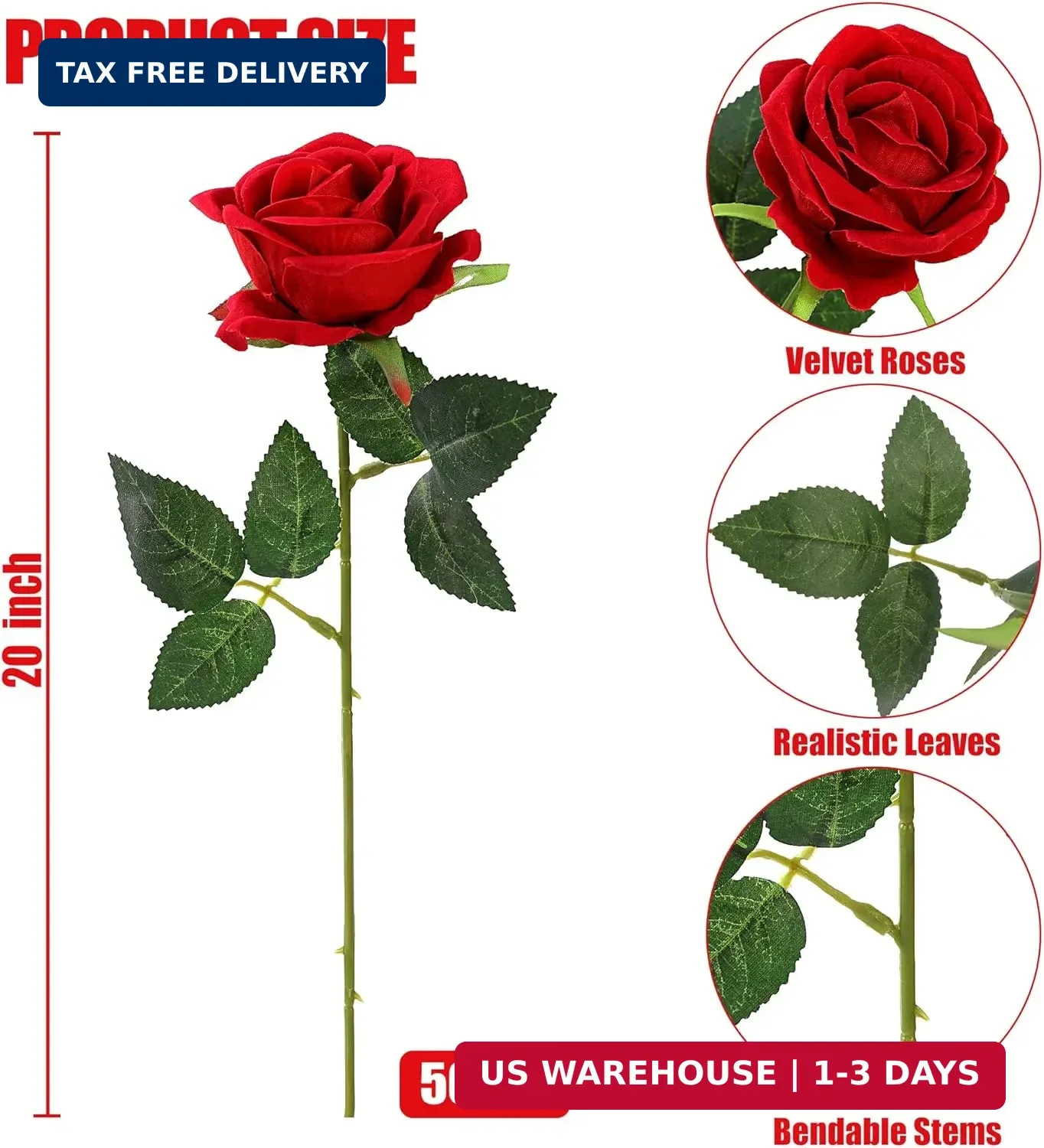 Sggvecsy 50 Pcs Artificial Roses Red Flowers Fake Velvet Silk Roses with Stems B