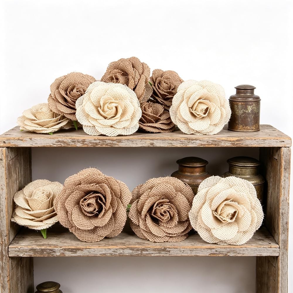 10 PCS Natural Burlap Rose Flowers, 3.94 Inches Large Handmade Rustic Jute Ro…