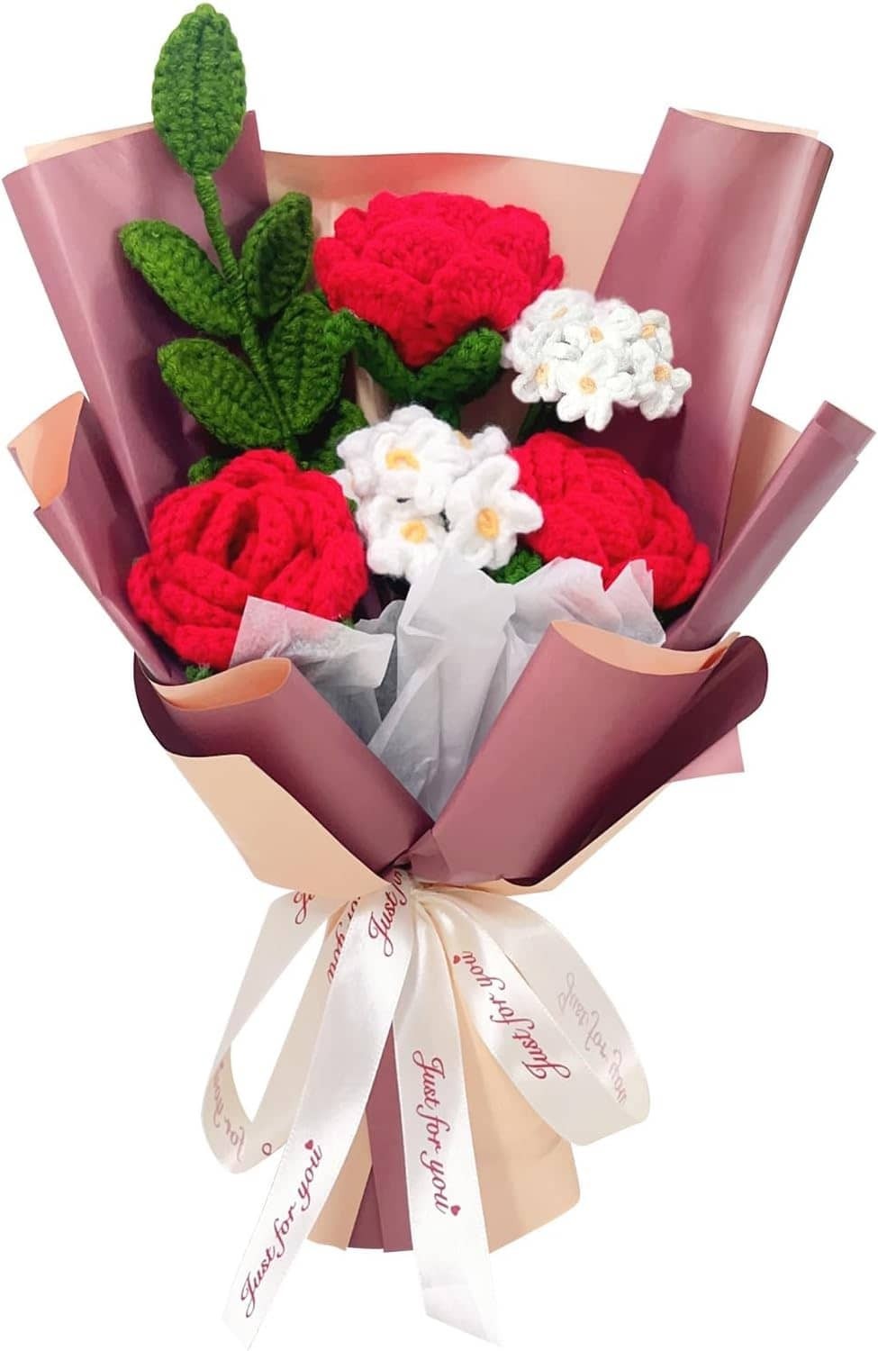 Red Rose Forget Me Not Knitted Artificial Flowers Gift for Mother Wife Women
