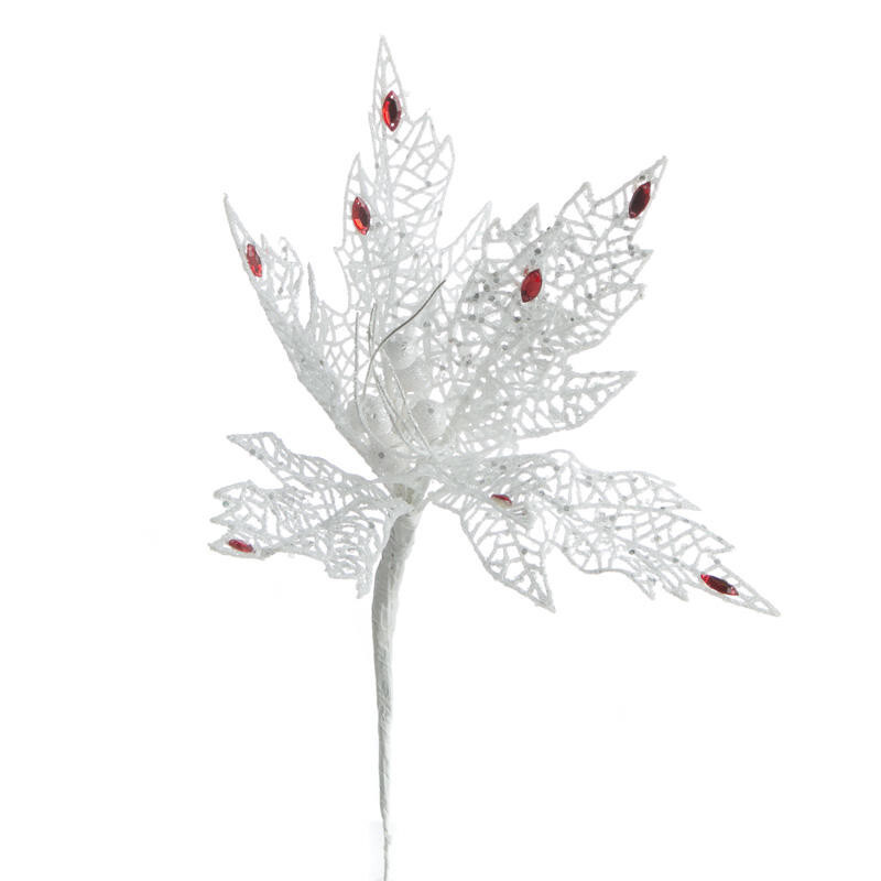Set of 4 White Sparkling Mesh Poinsettia 14-3/4″ Picks with Red Rhinestones