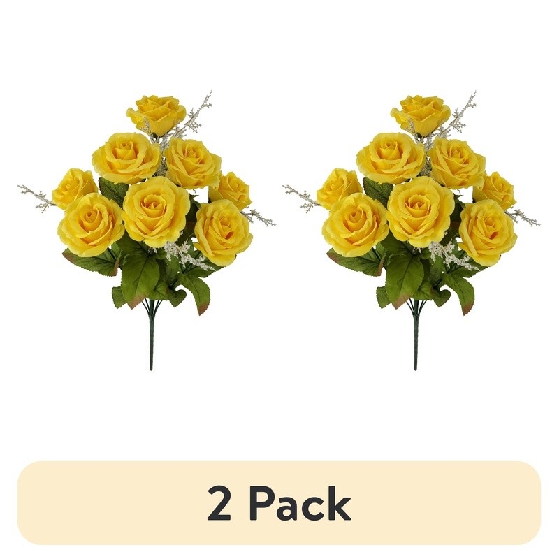 17.5in Yellow Rose Bush Artificial Flowers Indoor Decor Faux Floral Arrangement