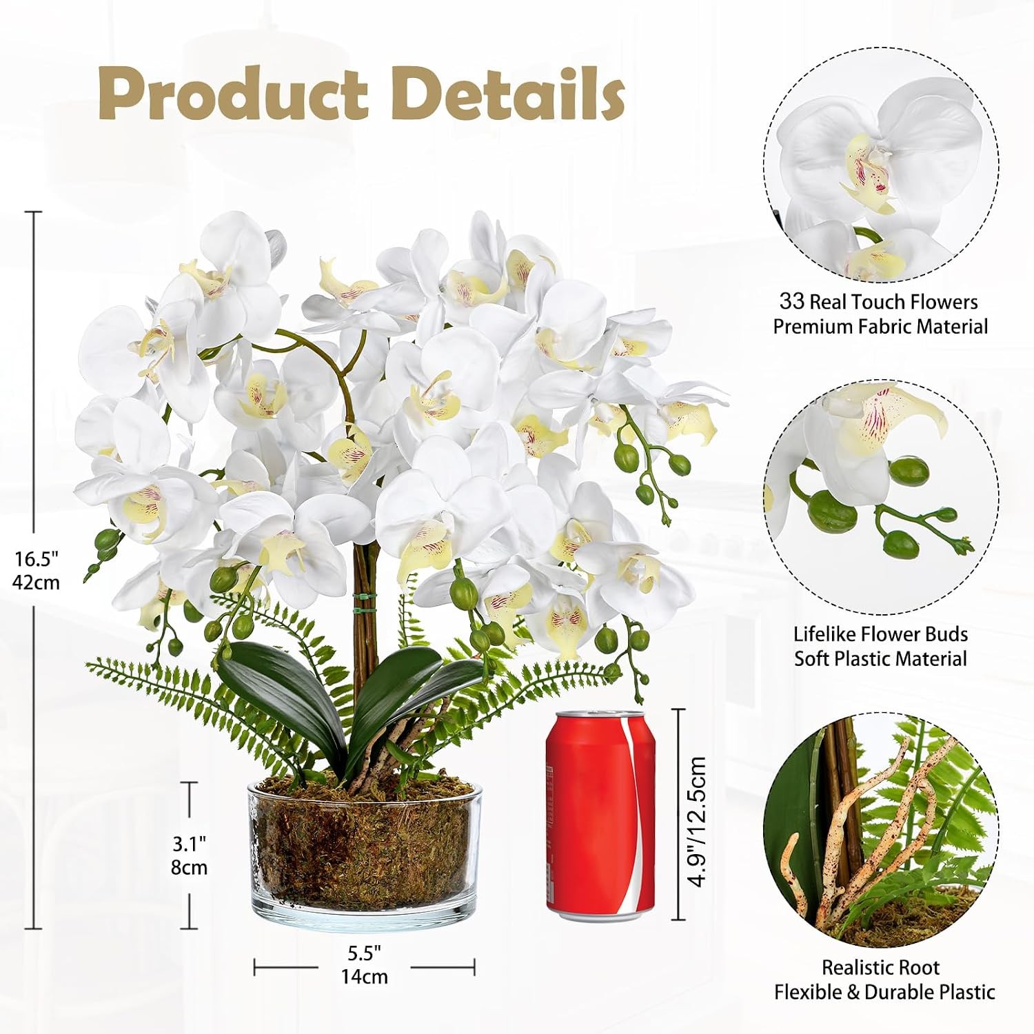 White Orchids Artificial Flowers 16.5″ Faux Orchids Plant in Pot Fake Flower
