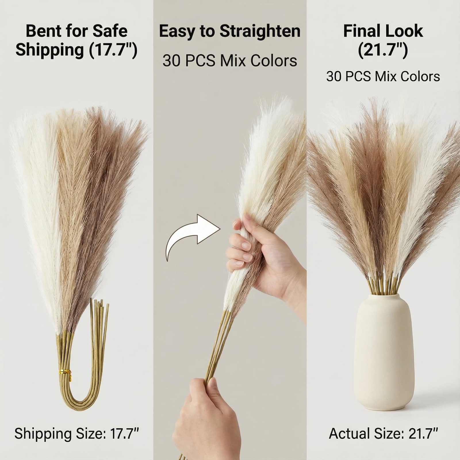 Pampas Grass Decor 21.7 Inch 30pcs, Faux Pampas Grass White Beige Brown Ultra…