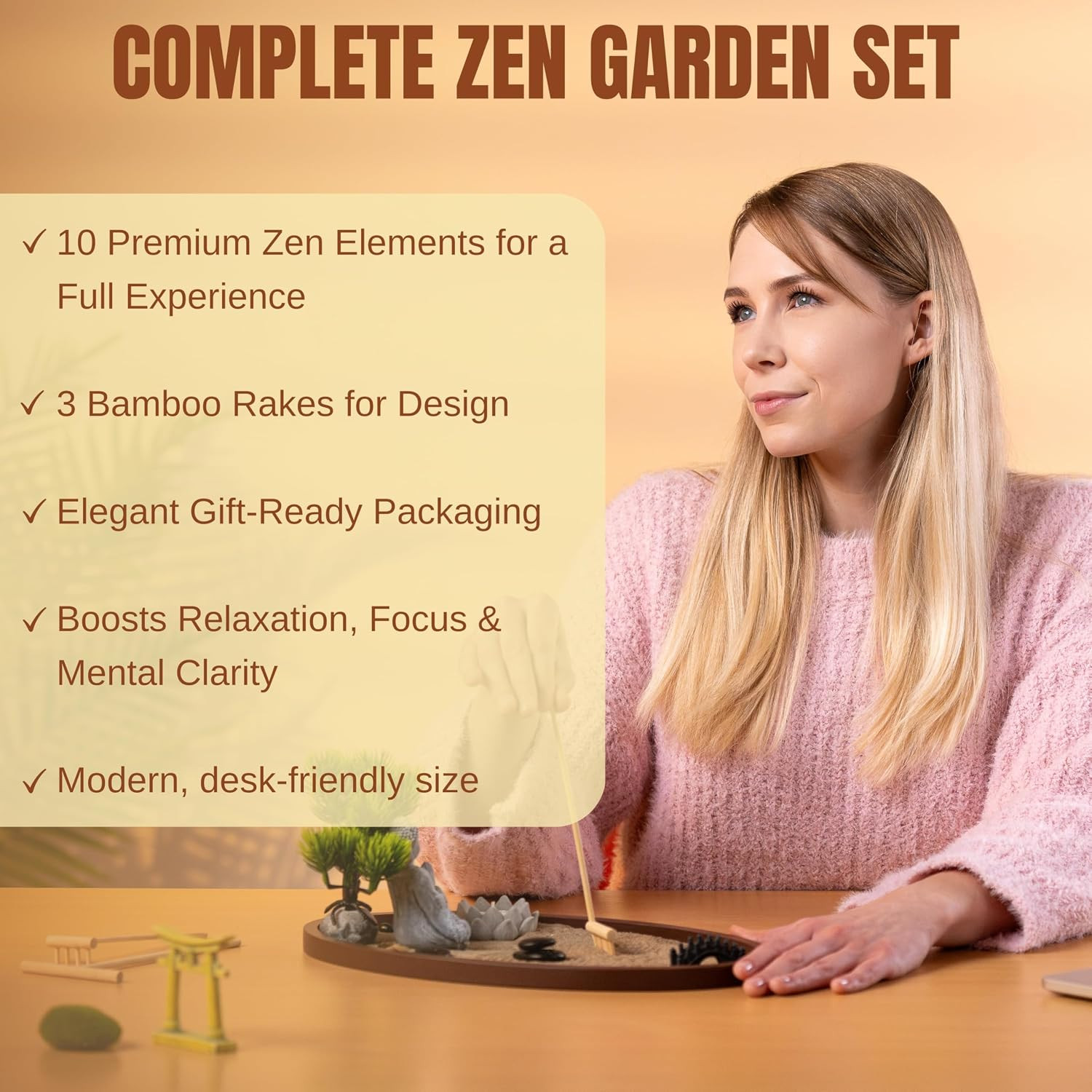 Zen Garden for Desk 13X8In – Japanese Decor with Buddha, Artificial Bonsai