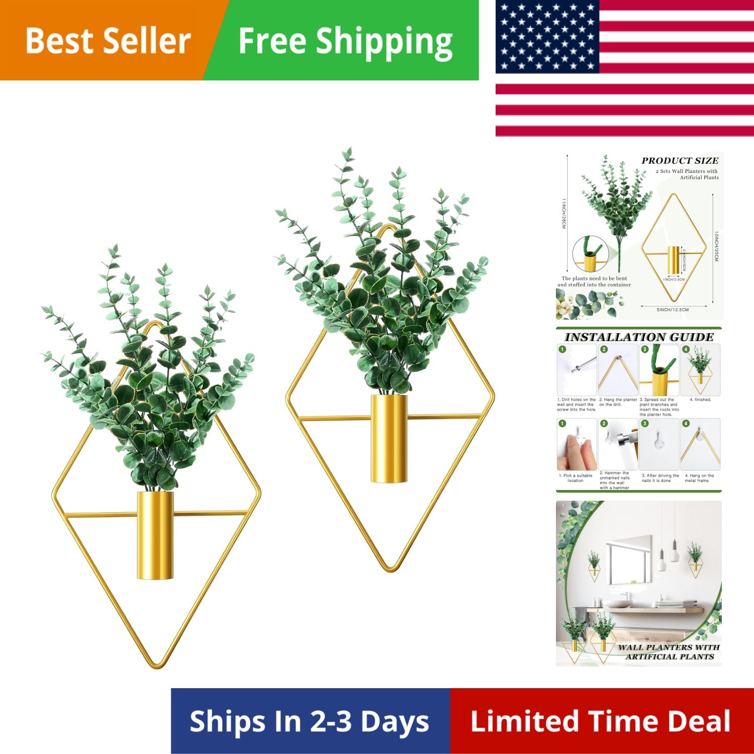2 Pieces Gold Wall Decor Hanging Planters with Artificial Plants Metal Vase I…