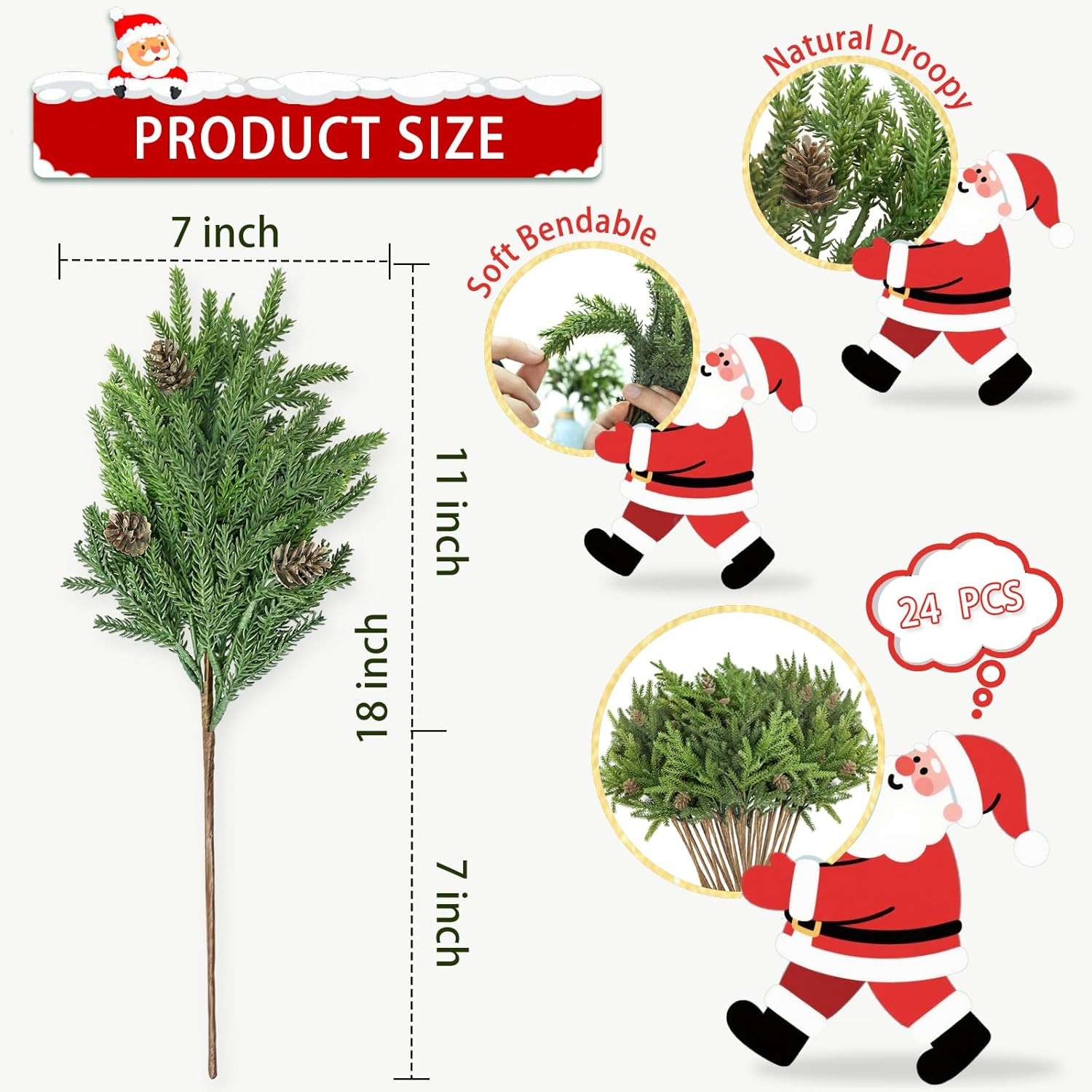 24 Pcs Realistic Pine Branches with Pinecones for Christmas Decor