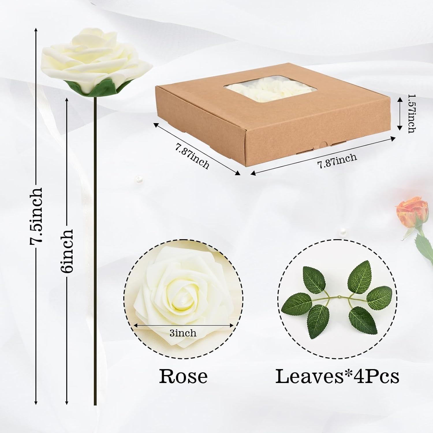 16Pcs Artificial Flowers Fake Roses with Stems, Ivory White Boxed Foam Roses for