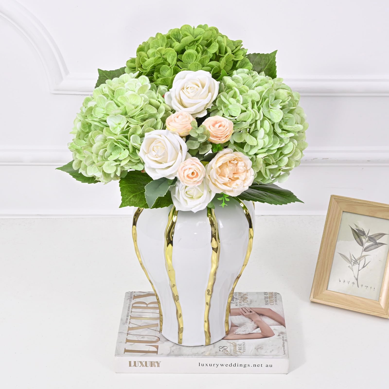4Pcs Real Touch Hydrangea Artificial Flowers, 22.5” Light Green & Dark Green…