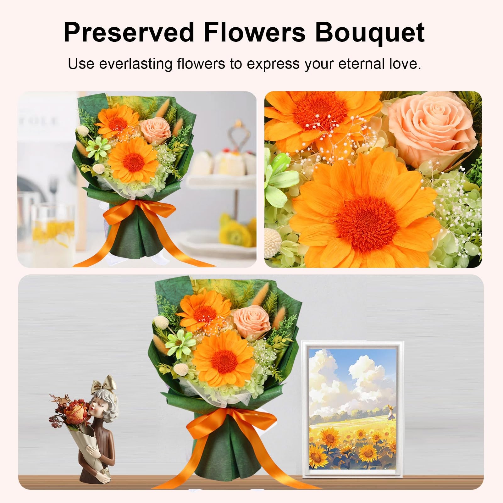 Preserved Sunflower Bouquet Green Forever Flowers Gift Box Women Anniversary