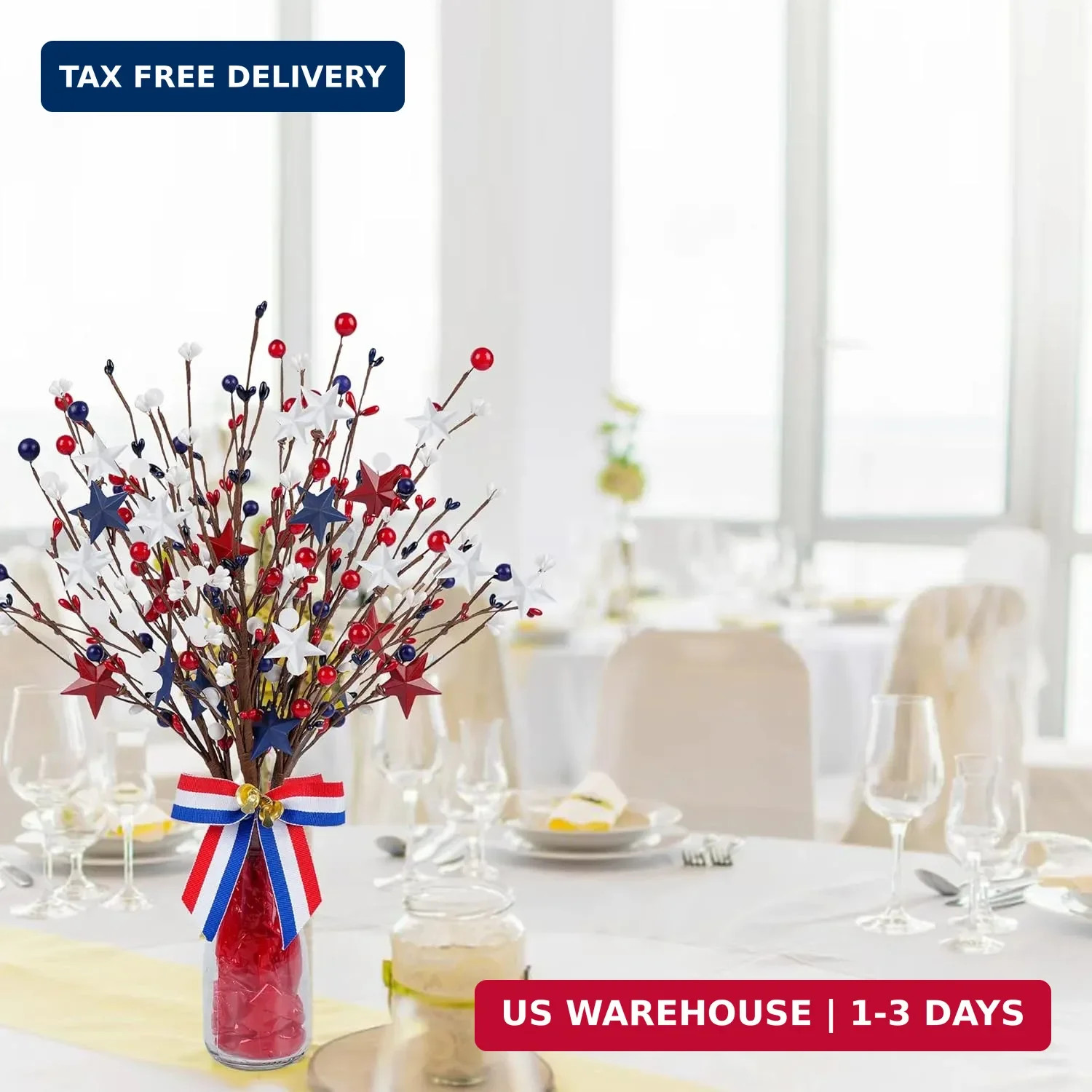 4 Pack Patriotic Artificial Berry Stem Picks White Blue Red Stars for 4th of Jul