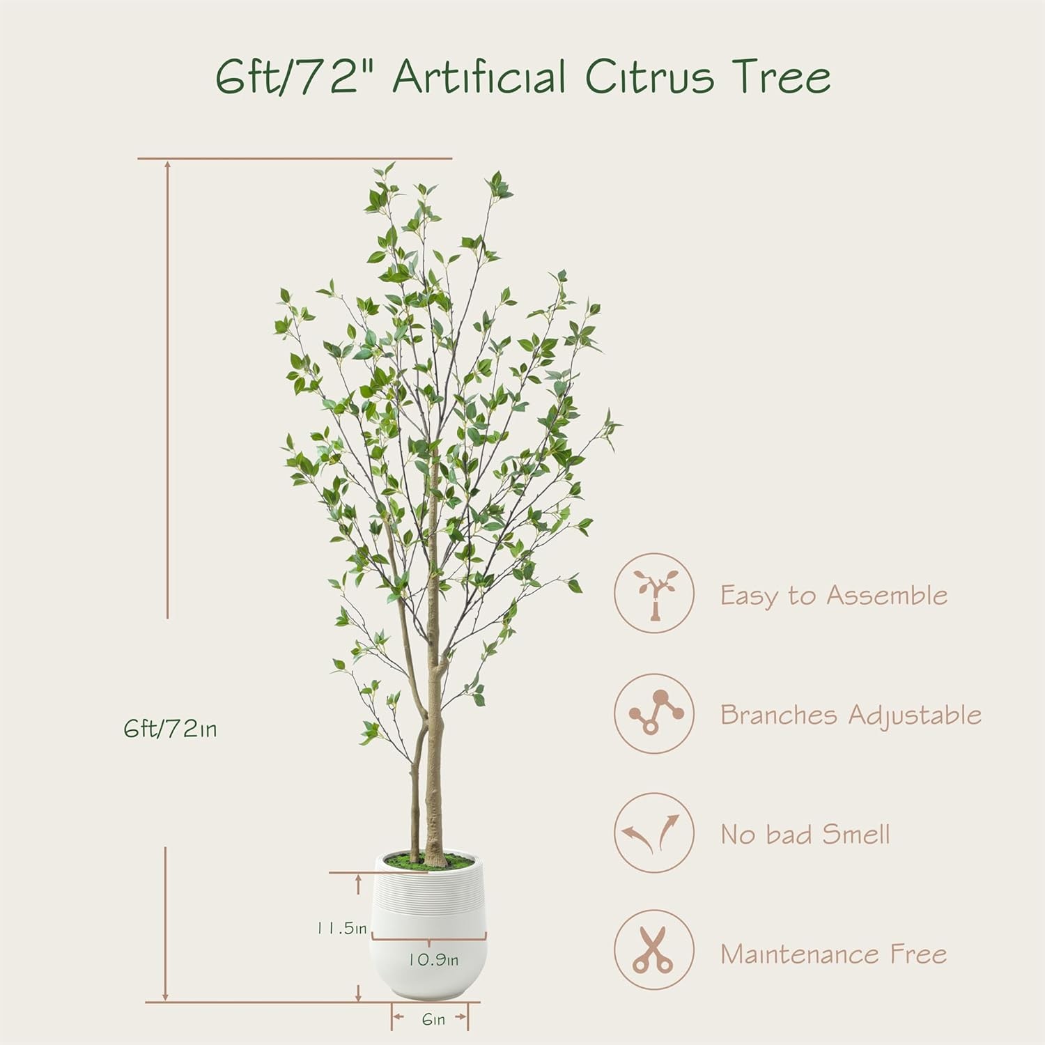 6ft Minimalist Artificial Citrus Tree with Large Exquisite Planter 72in Faux
