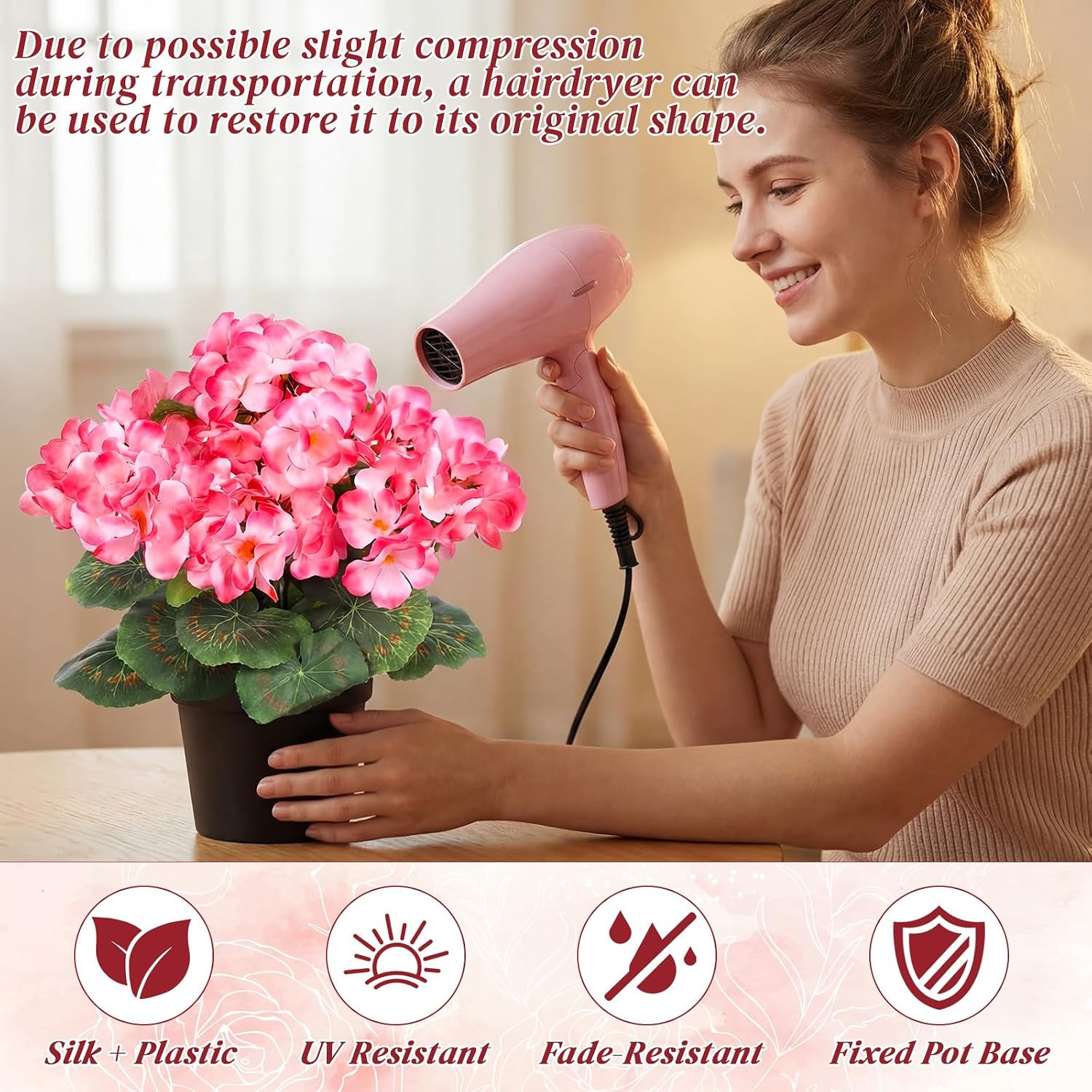 4 Pack UV Resistant Pink Artificial Geraniums for Home & Garden Decor