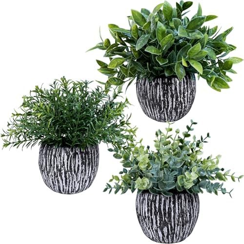 Set of 3 Artificial Potted Plants Faux Eucalyptus Rosemary Boxwood Greenery in B