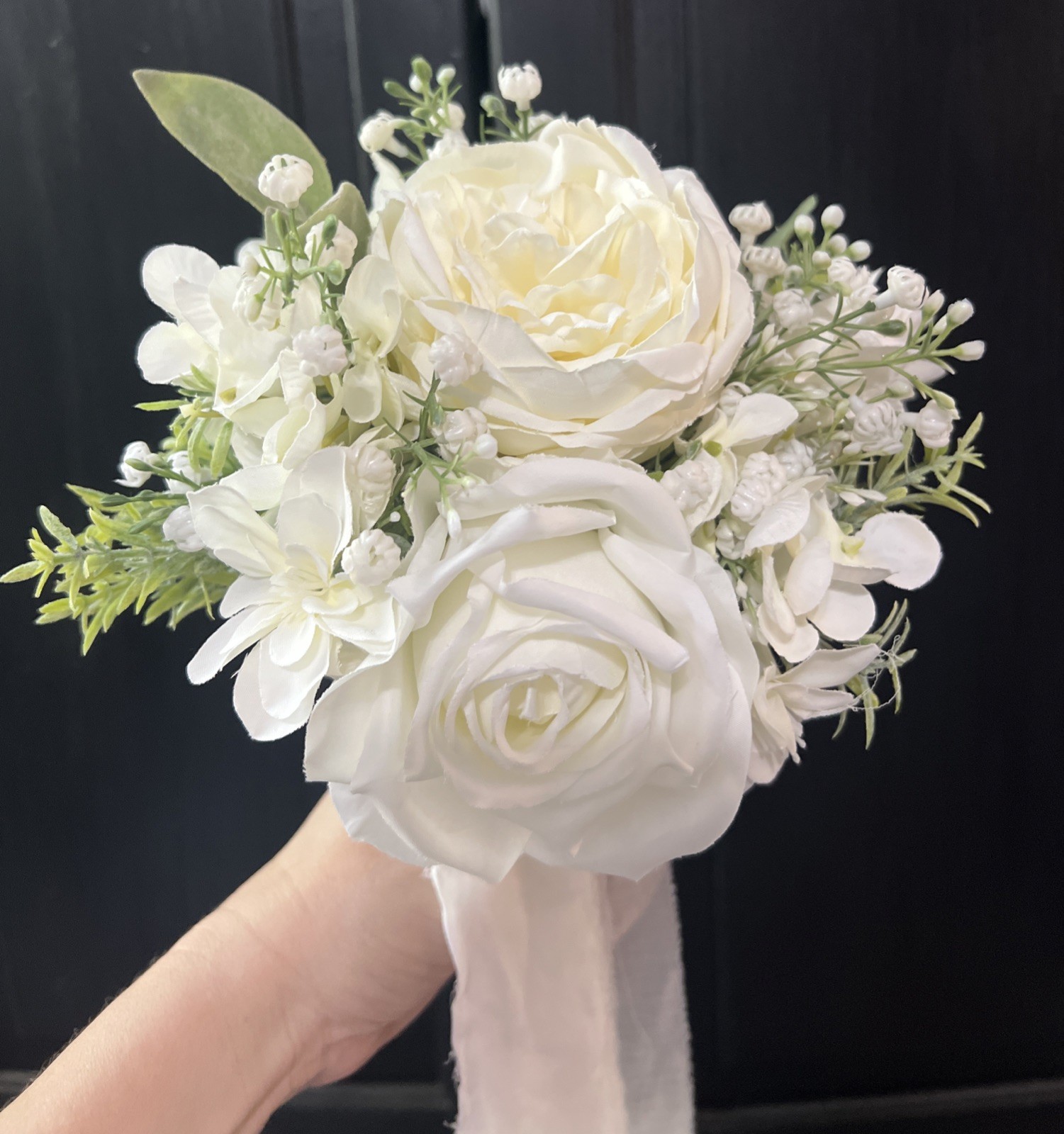 Lot of 8 Faux Silk Ivory Sage Green Rose Peony Artificial Bridesmaids Bouquets