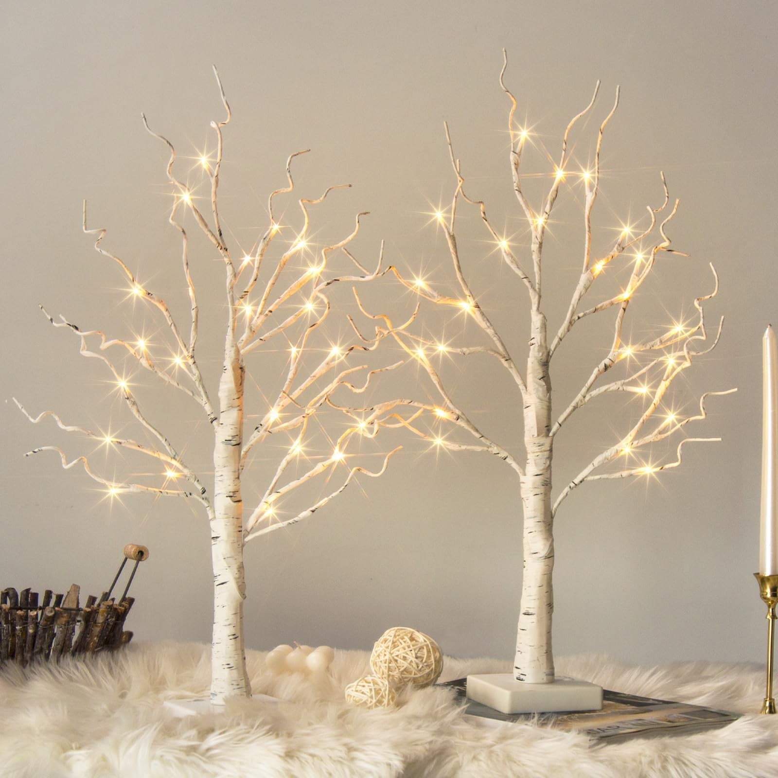 White Birch Tree with LED Lights – Set of 2, Tabletop Tree with Timer, Christ…