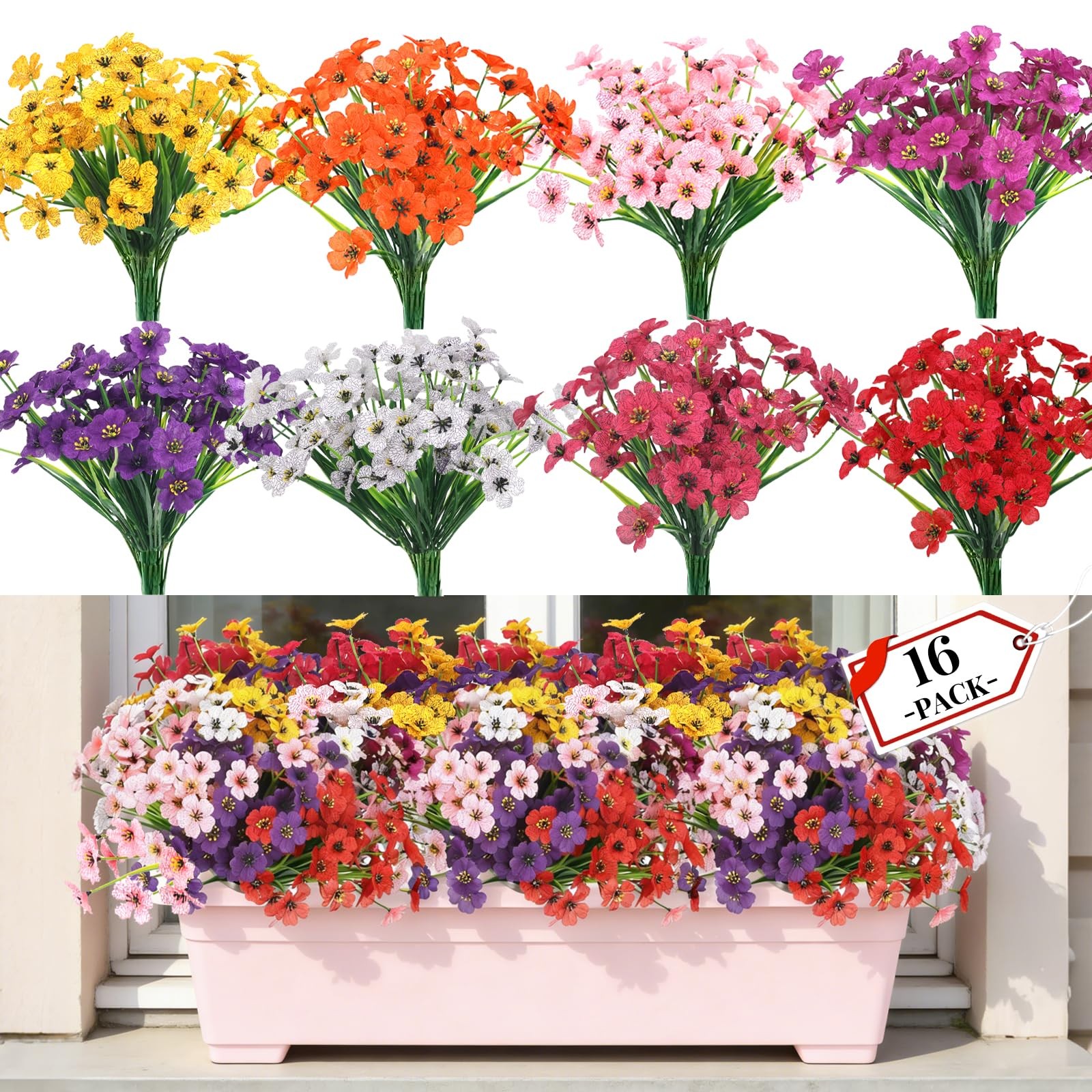 16 Bundles Artificial Flowers for Outdoors UV Resistant Faux Plastic Plants F…
