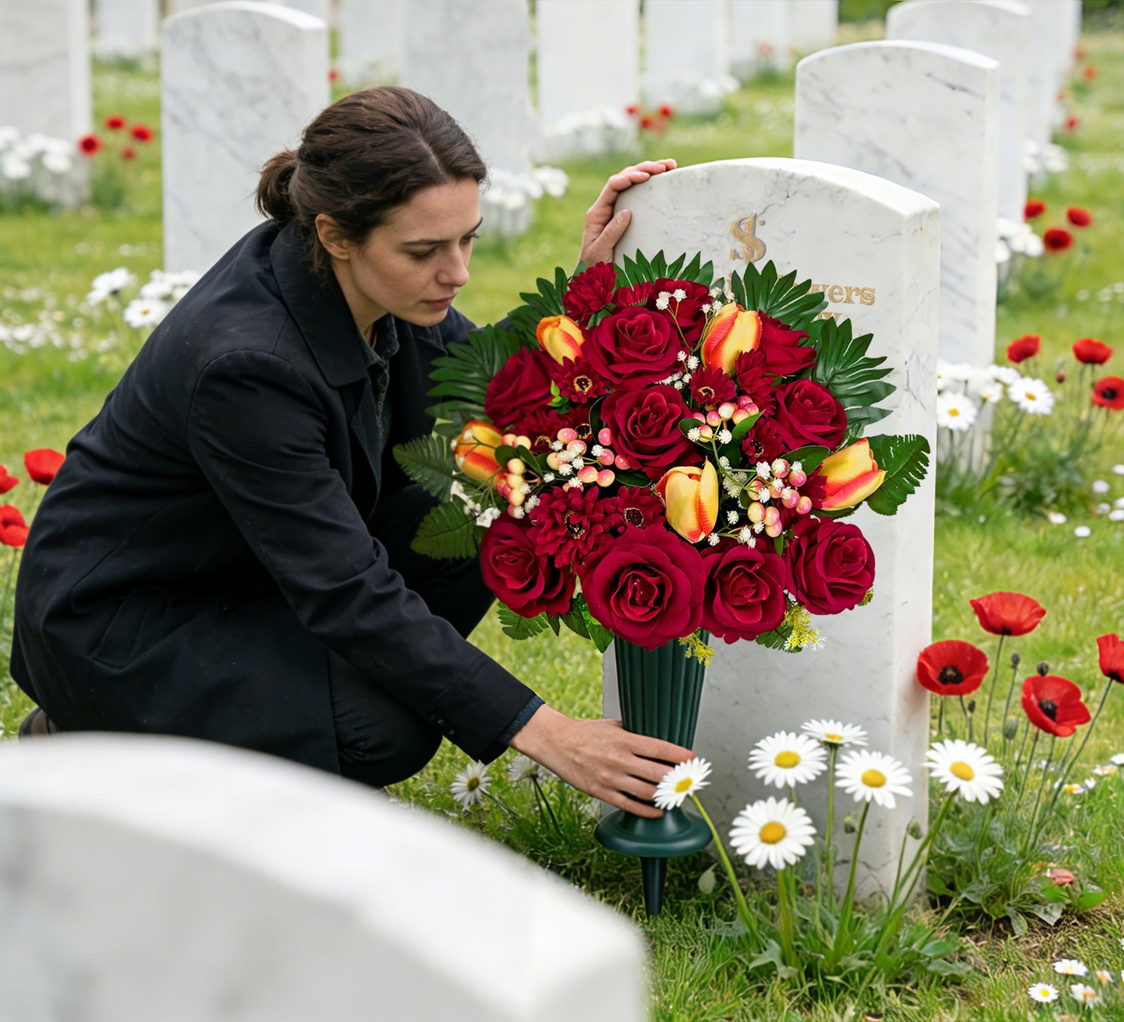 Artificial Cemetery Flowers for Grave,Memorial Flowers Bouquet with Vase for …